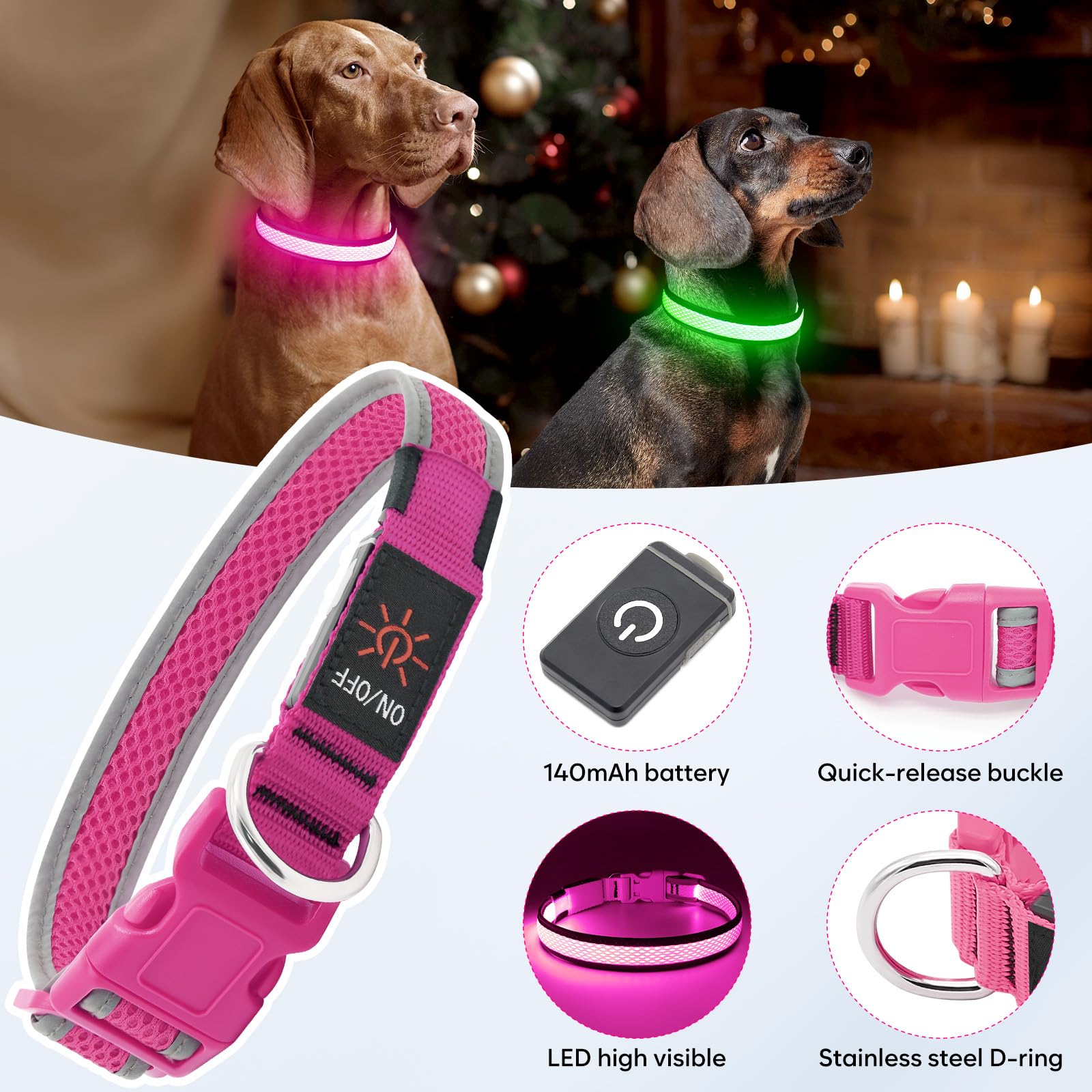 Flashseen Collar LED para perro, luces de collar de perro con luz recargable por USB, ajustable, cómodo, de malla suave, collar de seguridad para perros pequeños, medianos y grandes (grande, rosa