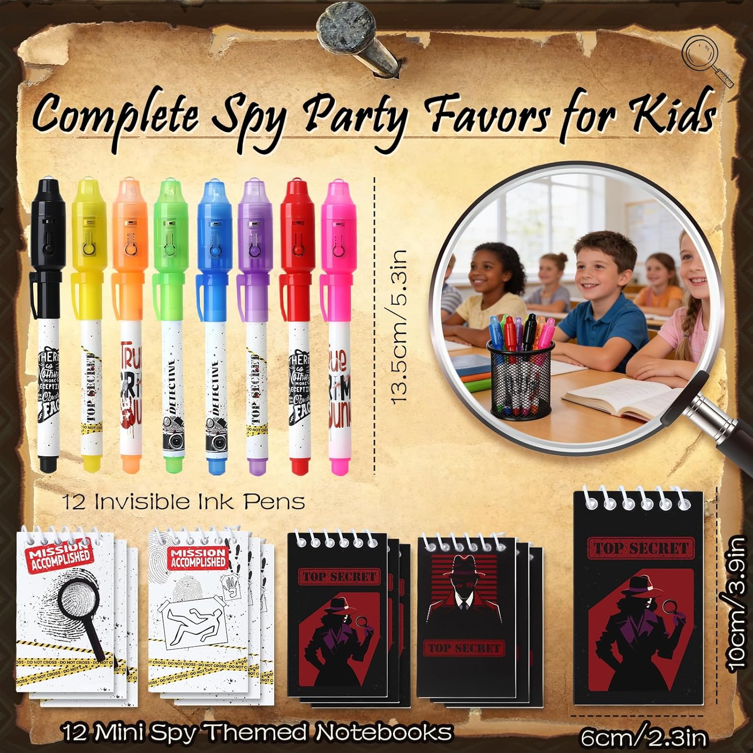Invisible Ink Pen and Notebook Pack, 24 Pcs Spy Party Favors, Spy Kit Pens with UV Light Magic Marker for Secret Message, Birthday Party Favors for Kids Boys Girls Classroom Prize Stationery Set