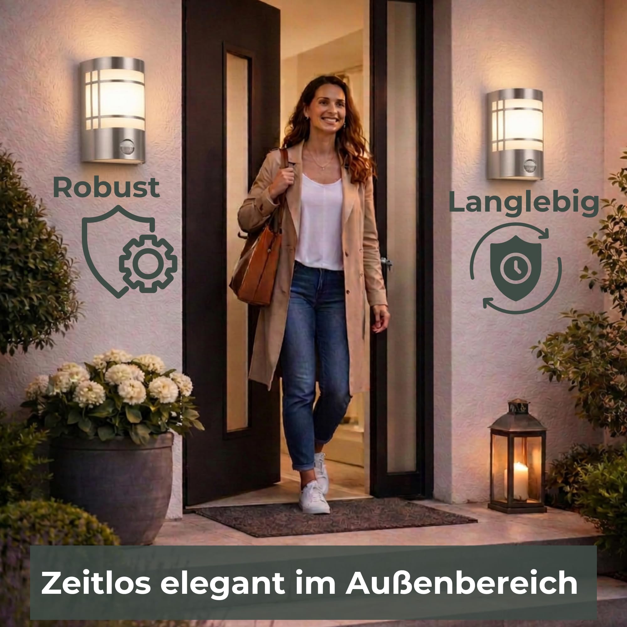 Novatool 2x Wandleuchte Aussen Edelstahl mit Bewegungsmelder I IP44 I E27 Sockel I 11,5x13,5x19 cm I Außenlampe Balkon Außenleuchte Außenbeleuchtung Haus Wandleuchte Aussenbeleuchtung Gartenleuchte