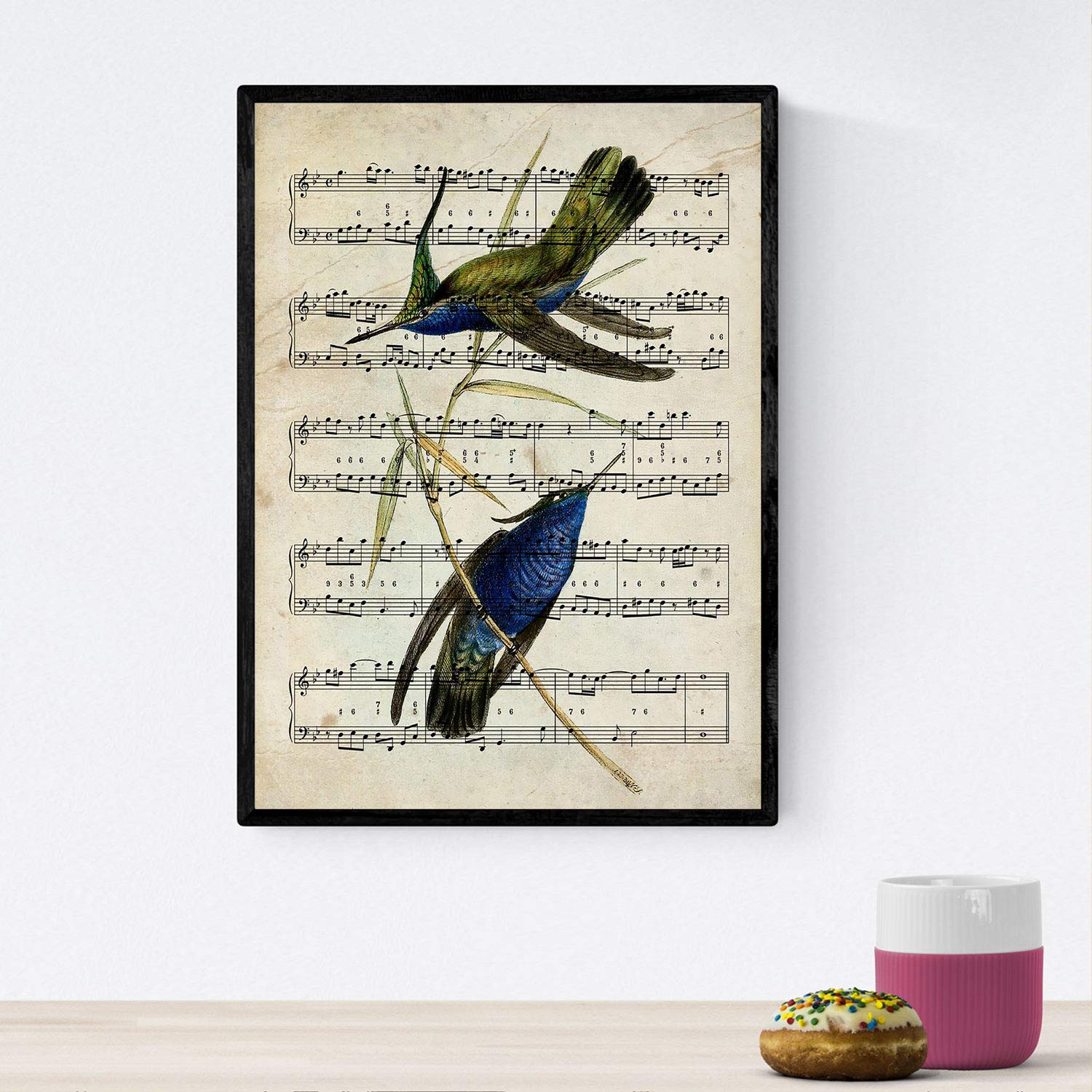 Nacnic Colibri Blue Poster Of Birds. Colibri Sheet Blue With Scores. Pictures Of Birds With Musical Scores. A4 Size
