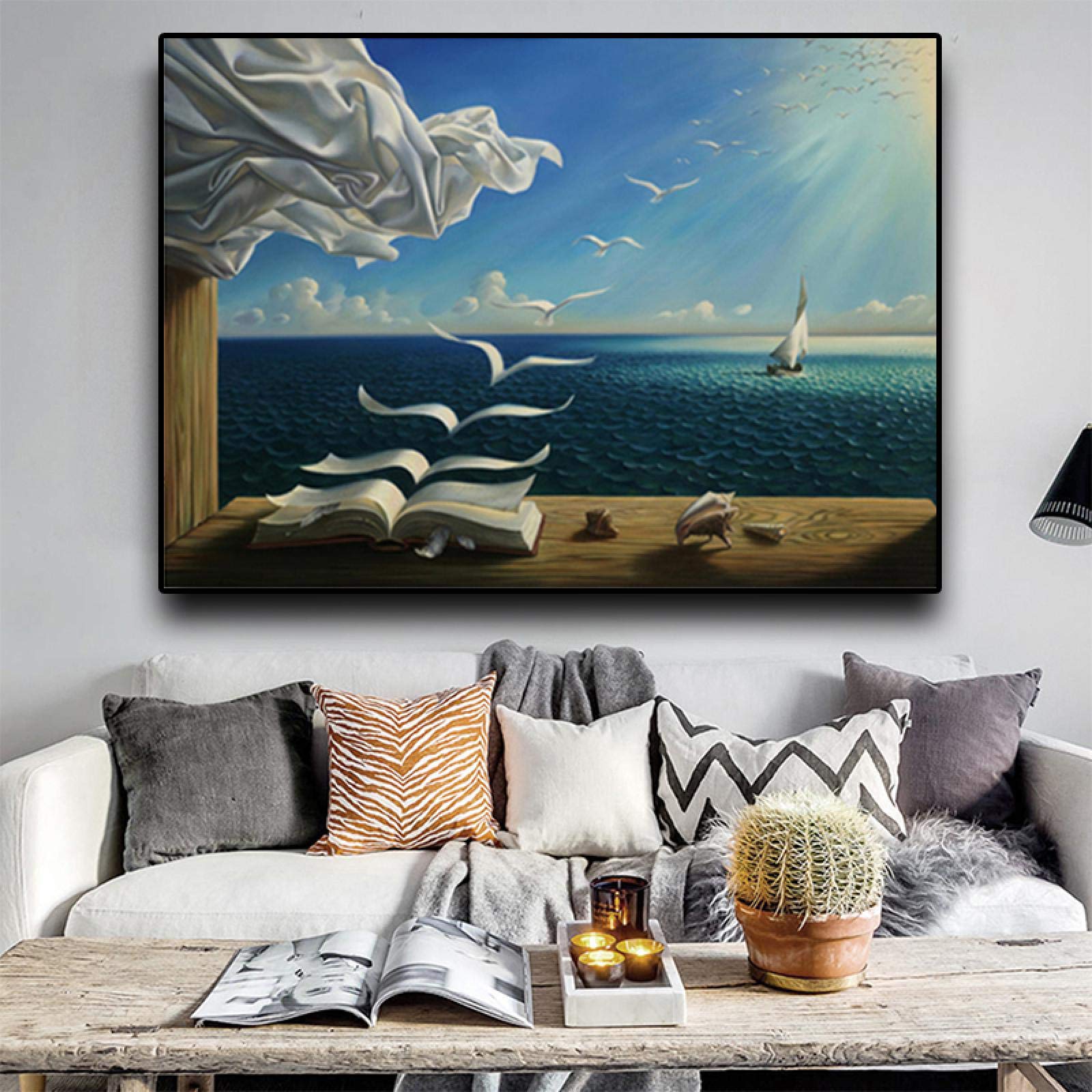 TITINGLUCK The Waves Book Barca a Vela di Salvador Dali Quadro su Tela Paesaggio Poster e Stampe Immagini da Parete per Soggiorno 40x70cm(16x28in) con Cornice