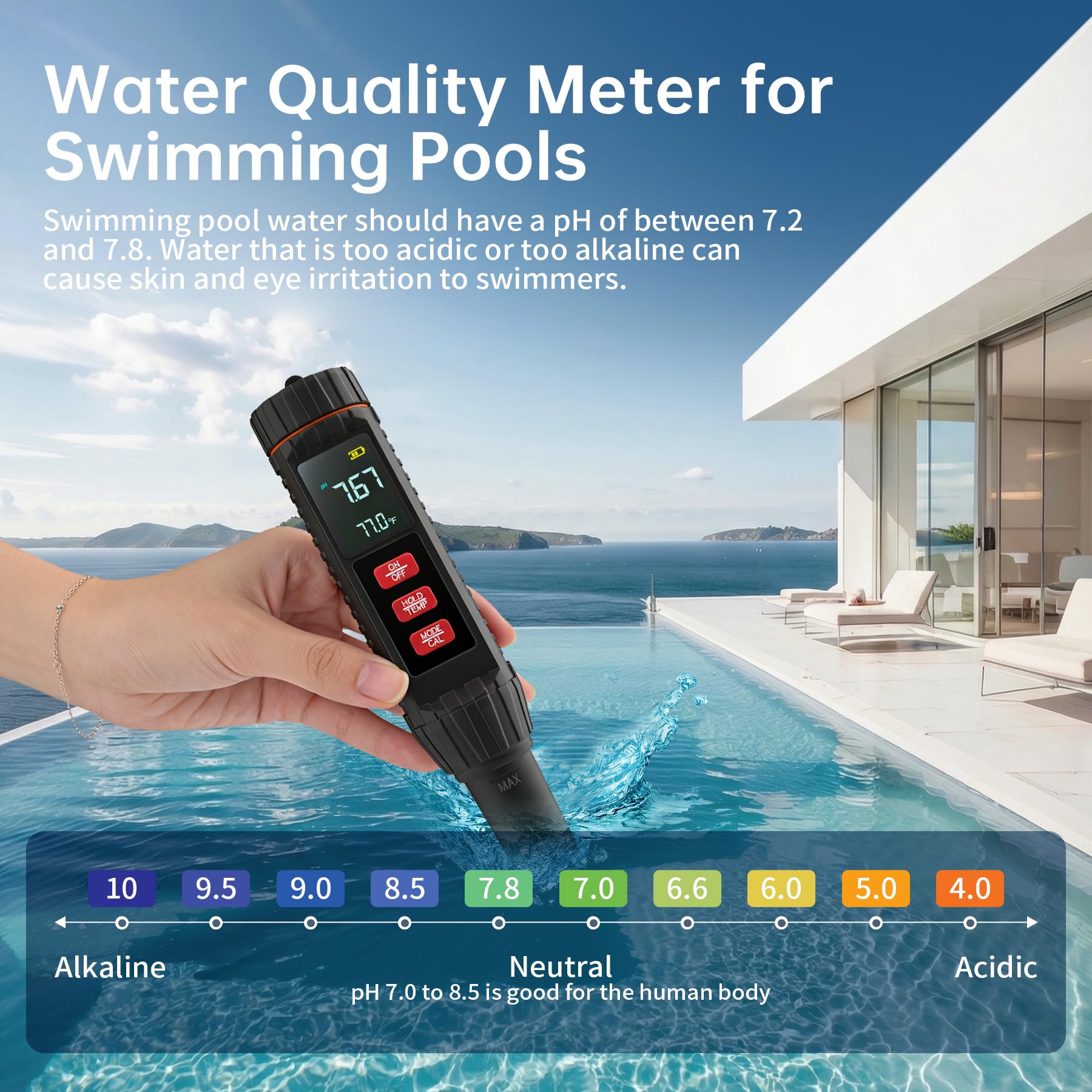 Forever Speed Medidor de pH Agua 7 en 1 pH Meter pH/TDS/EC/ORP/SALT/S.G./TEMP Alta Precisión para Piscina Acuario