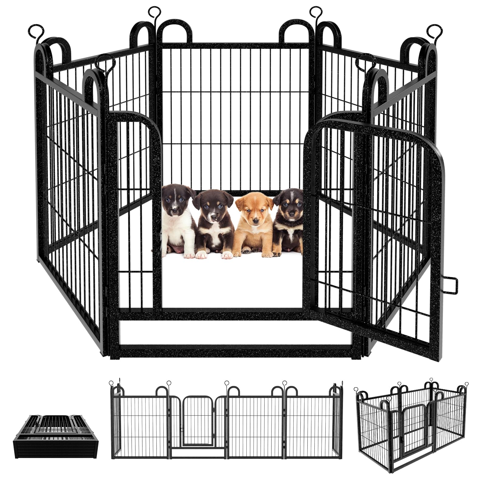 Puppy Playpen 6 Panels Small Dog Fence Outdoor Indoor Use 24" Height Anti-Rust with Doors Portable Dog Play Pen for RV Camping Yard, Total 11FT, 10 Sq.ft, Snowy Black