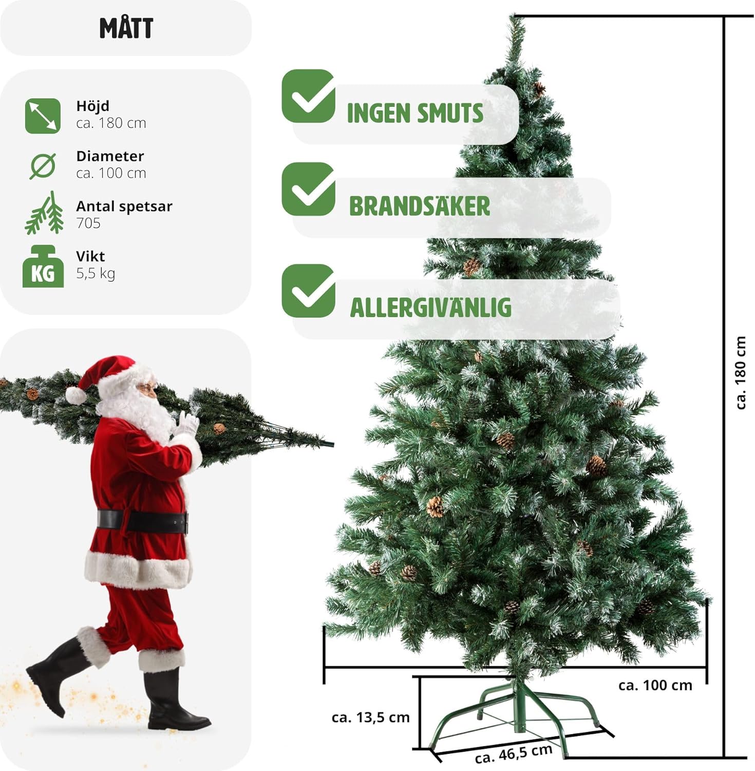 Diagram showing the dimensions of the 180 cm artificial Christmas tree, including height and diameter.