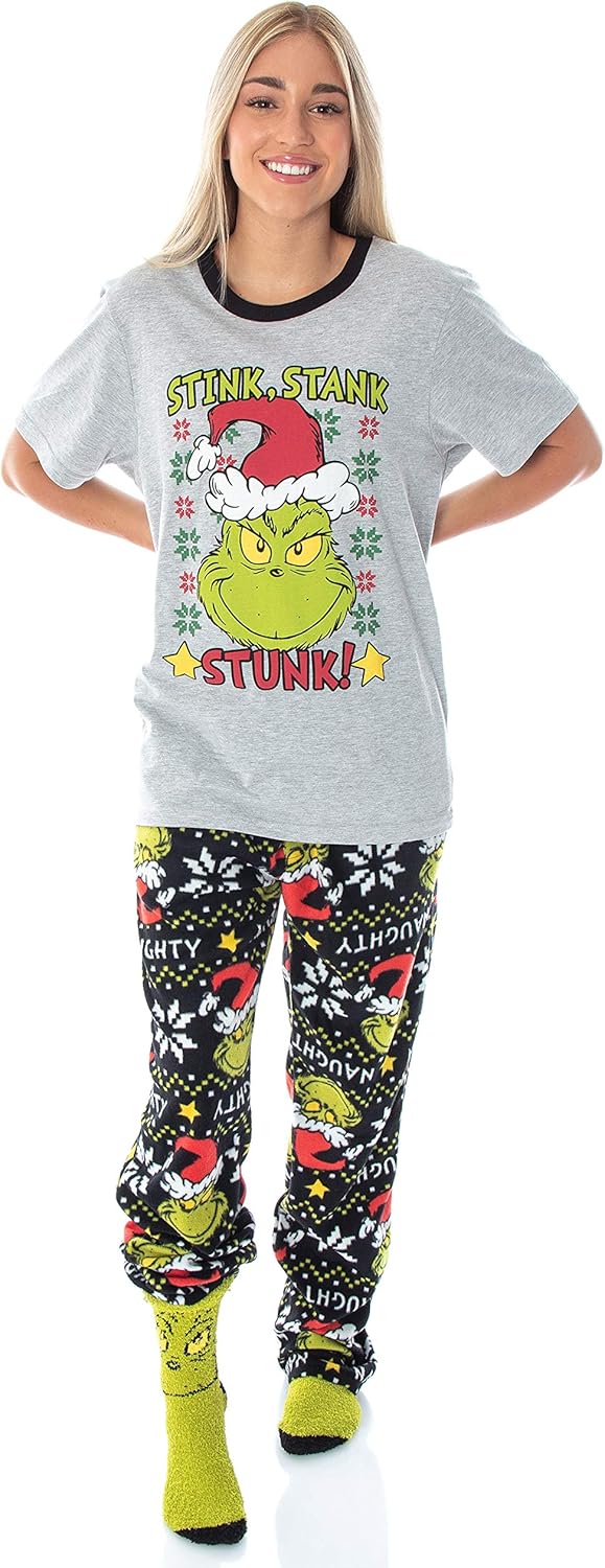 Dr. Seuss GRINCH Stink, Stank, Stunk! 3 Piece Gift Pajama Set - Fleece Pajama Pants, Shirt, And Cozy Socks - Image 3