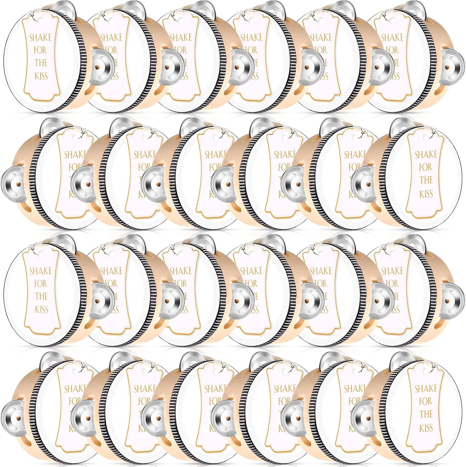 24 Set 4 Inch Tambourine for Adults Wooden Hand Held Drum with Metal Jingles, Gift Tags, White I Love You Printed Ribbon Percussion Gift Musical Instrument for Church Wedding Party Favor