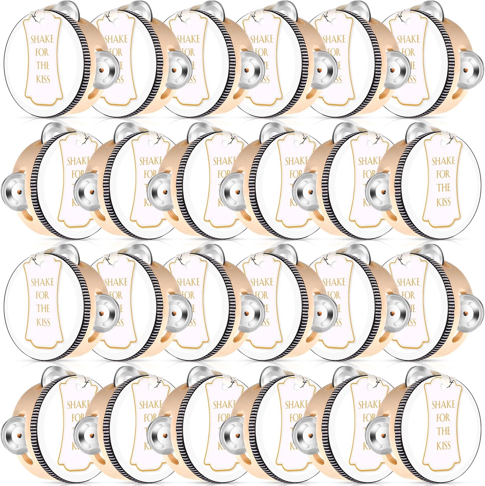 24 Set 4 Inch Tambourine for Adults Wooden Hand Held Drum with Metal Jingles, Gift Tags, White I Love You Printed Ribbon Percussion Gift Musical Instrument for Church Wedding Party Favor