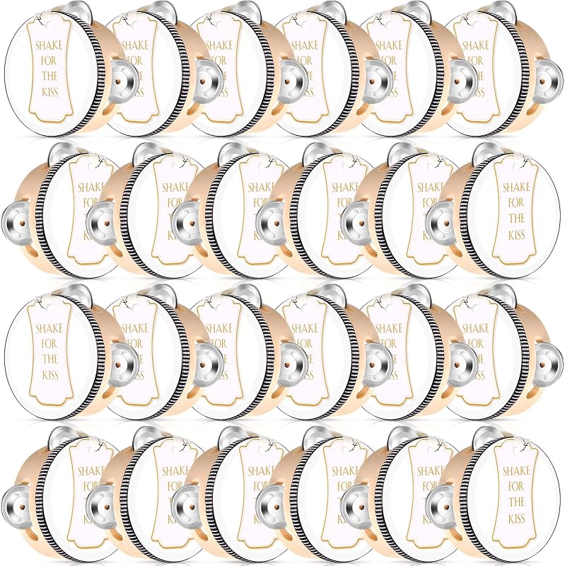Juego de 24 panderetas de 4 pulgadas para adultos, tambor de mano de madera con cascabeles de metal, etiquetas de regalo, cinta blanca con estampado "I Love You", regalo de percusión, instrumento musical para recuerdo de fiesta de boda en la iglesia
