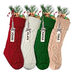 18 Inches Personalized Christmas Stockings 4 Pack Cable Knitted Xmas Hanging Stocking Decorations with Name Tags Gifts Holiday Farmhouse Indoor Party Family Home Decor (Red Ivory Green Khaki)