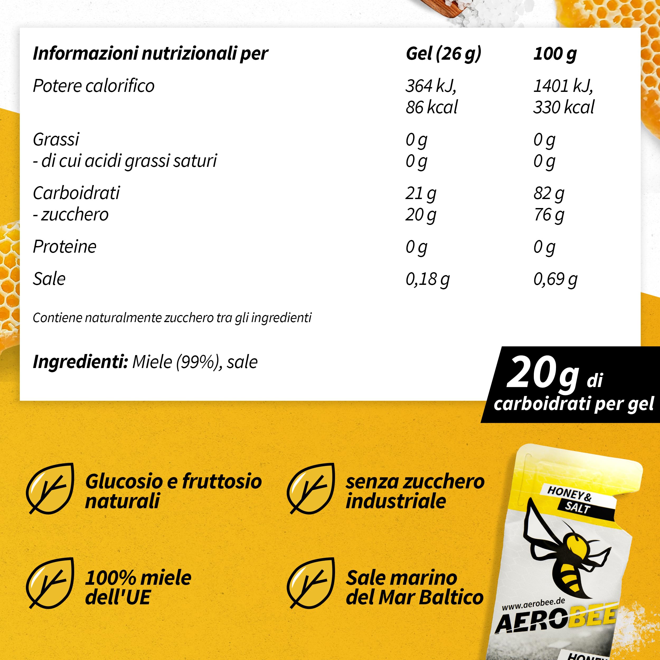AEROBEE Gel energetico classico - Miele & Sale 10x26g [100% energetico naturale al miele] delizioso gel sportivo adatto per sport di resistenza, corsa con gel di carboidrati