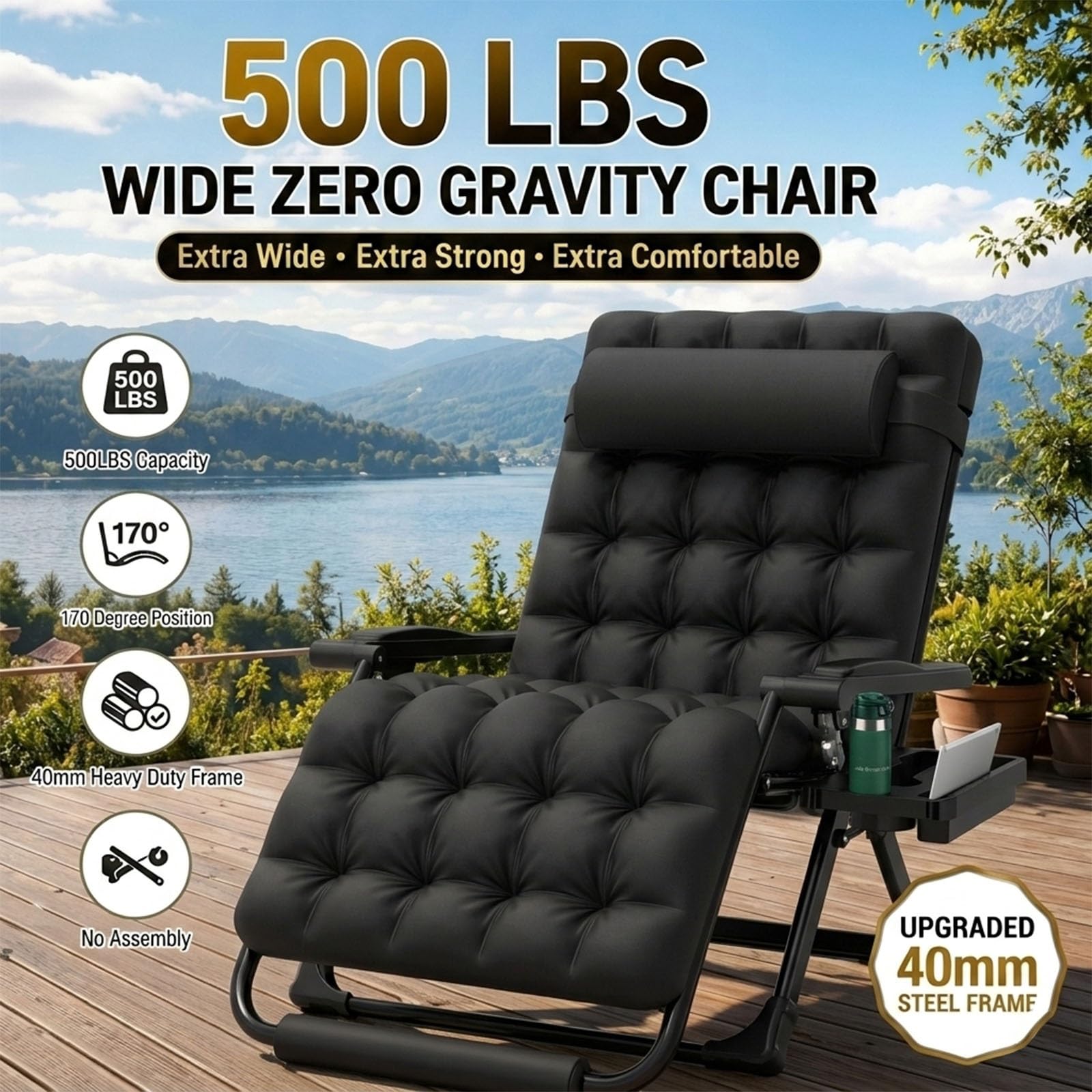 Poltrona Zero Gravity XXL 33" Sdraio Giardino Inclinabile 226kg con Cuscino Removibile 10cm Pieghevole Serratura Alluminio Sedia Relax Esterno e Piscina
