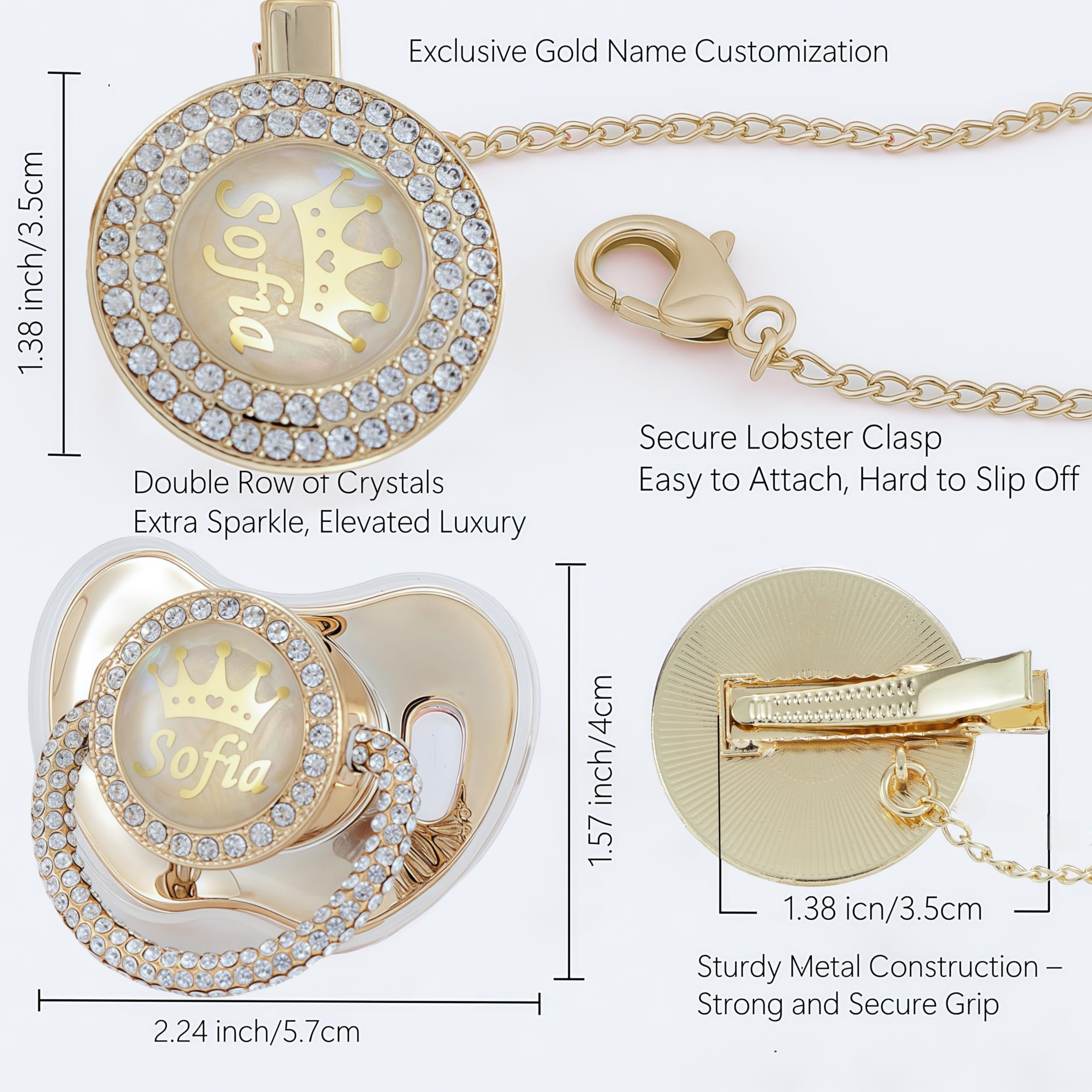 MIYOCAR Personalized Name Anniversary All bling Pacifier and Clip Set 14k Gold Plated New Born Gift Photography No for Daily Use