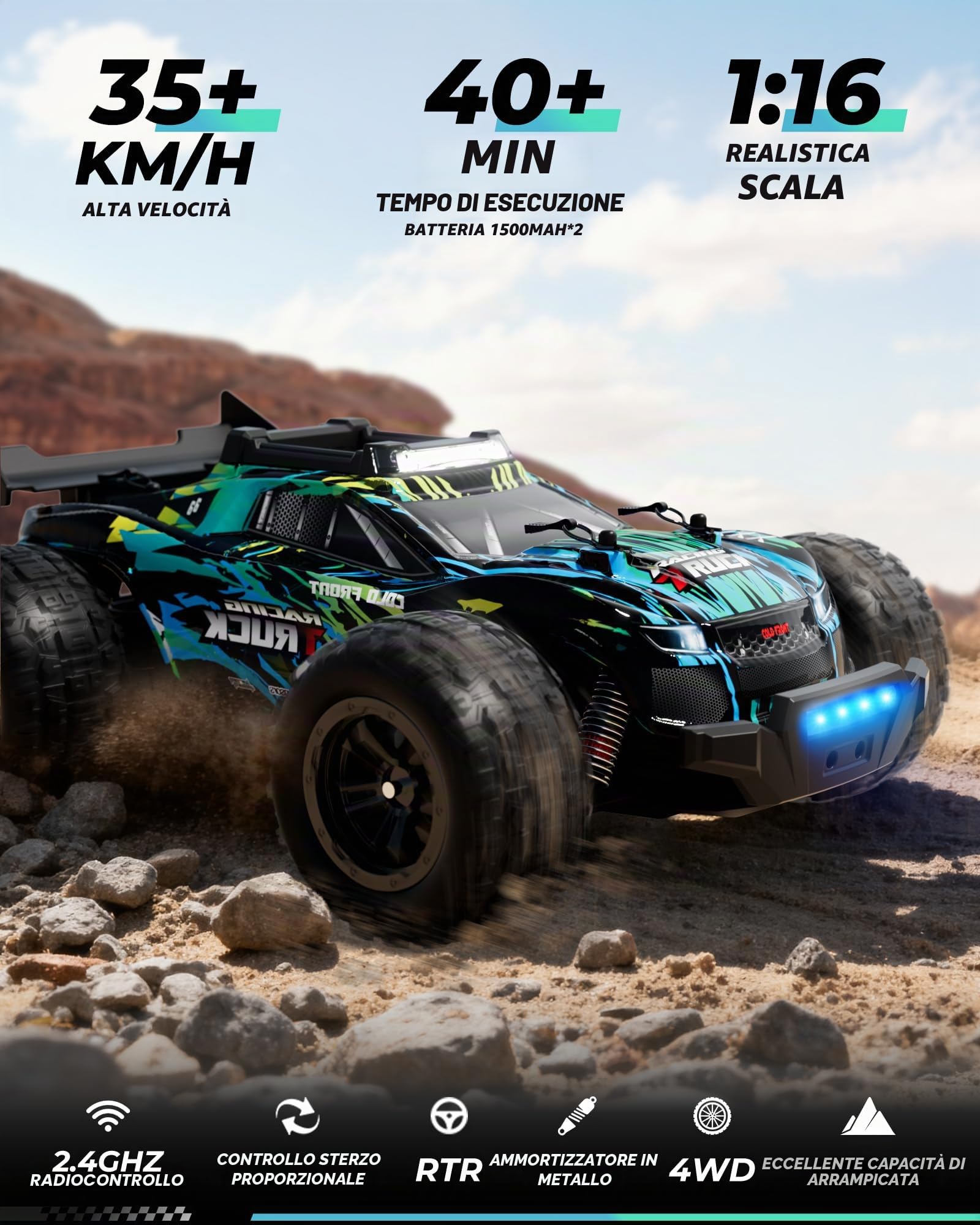 Kiztoys® Auto Telecomandata, RC Car Monster Truck Telecomandato 2,4 GHz 1:16 Proporzionale 4WD 35+ Km/h Offroad, RC Truggy RTR All Terrain per Ragazzi Ragazze