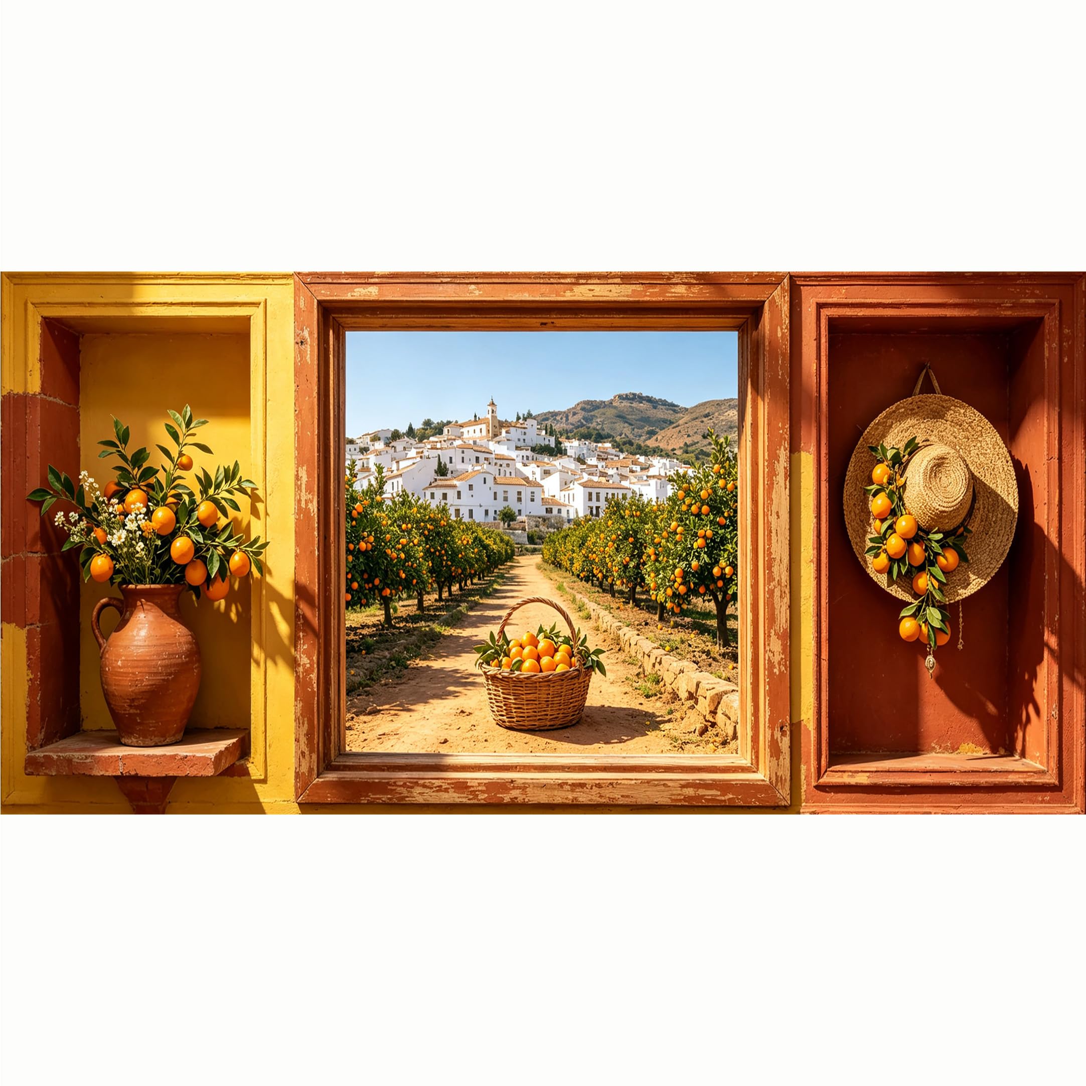 QZLITHOTIC 50x100cm 3D Framed Wall Art， Mediterranean Orange Orchard Landscape Self‑Adhesive Mural， Water‑Activated Peel & Stick Fabric Decor Wall Decal for Bedroom Living Room