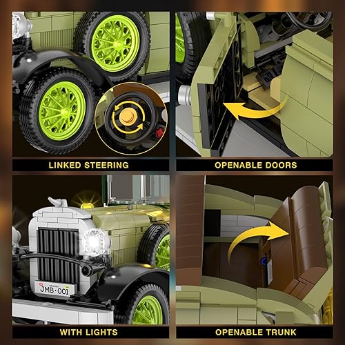 Miniatura 5 de Juego de construcción de modelo de automóvil clásico vintage con luz para adultos, niños y niñas (1297 unidades), modelo de autos antiguos,