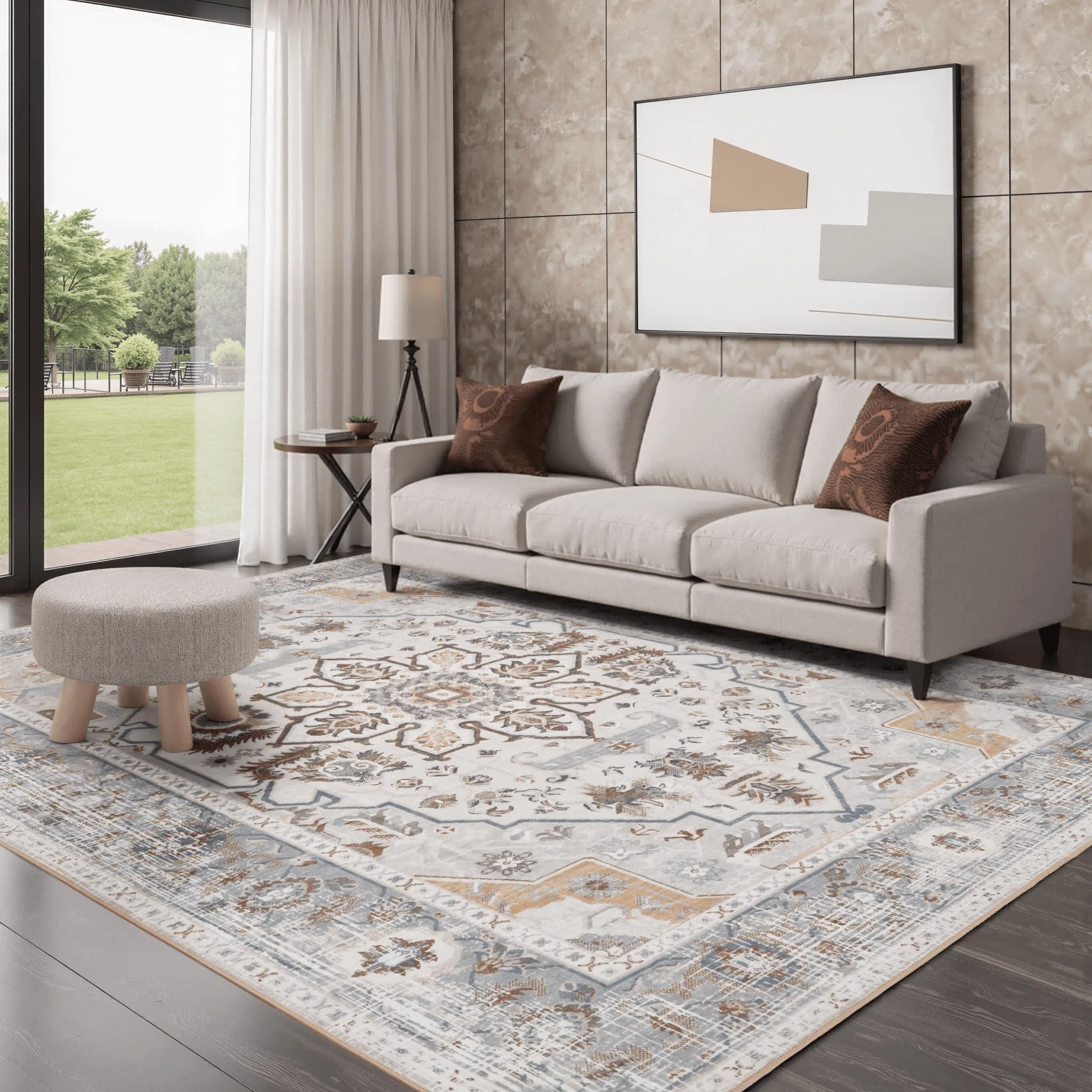 Grand tapis marron taupe clair lavable 230x250 pour terrasse et véranda