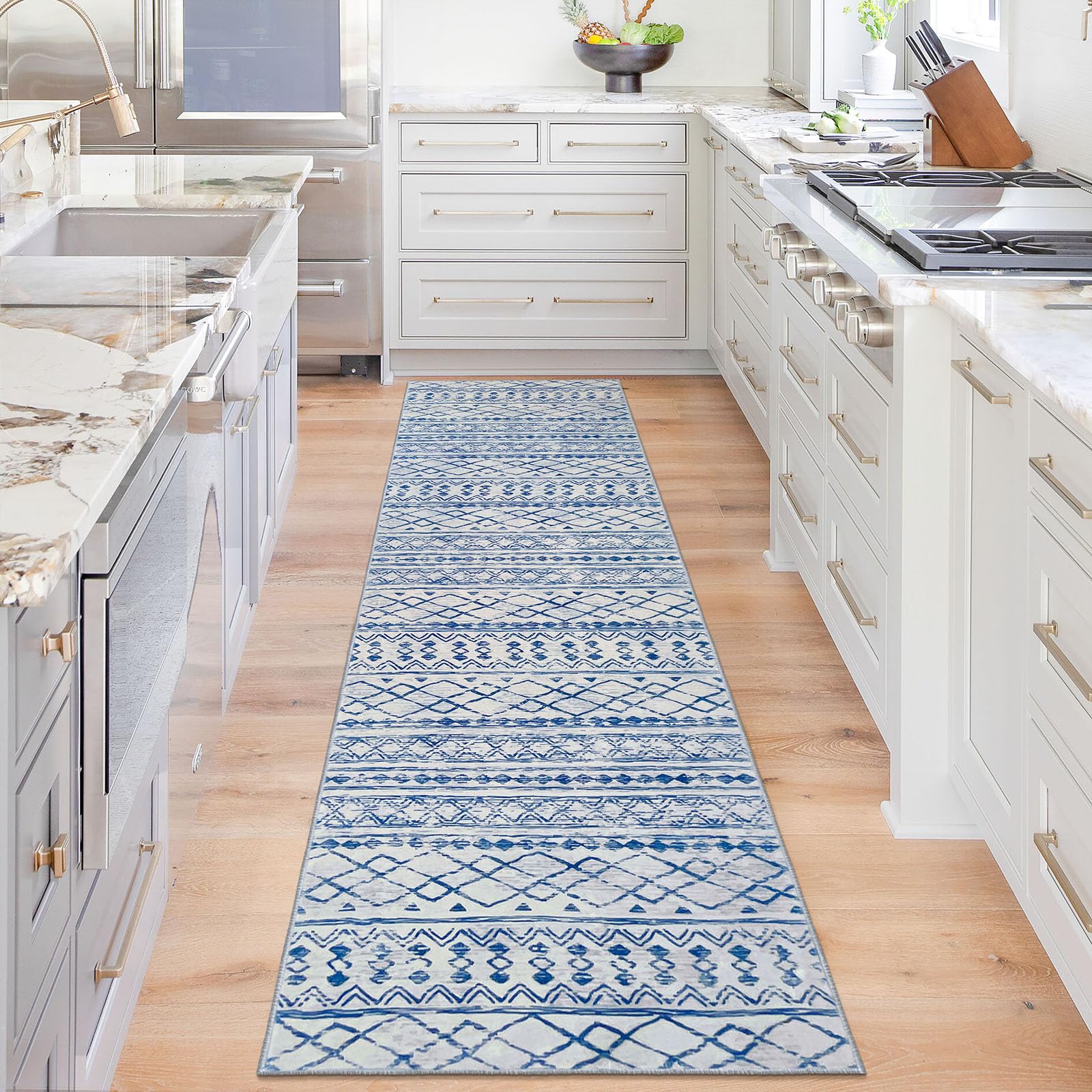 KUTA Moroccan Washable Runner Rug, 2x8 Non-Slip Vintage Blue Boho Hallway Runner Kitchen Runner Rug Ultra Soft Print Distressed Geometric Floor Carpet Runner for Bedroom Bathroom Laundry Living Room