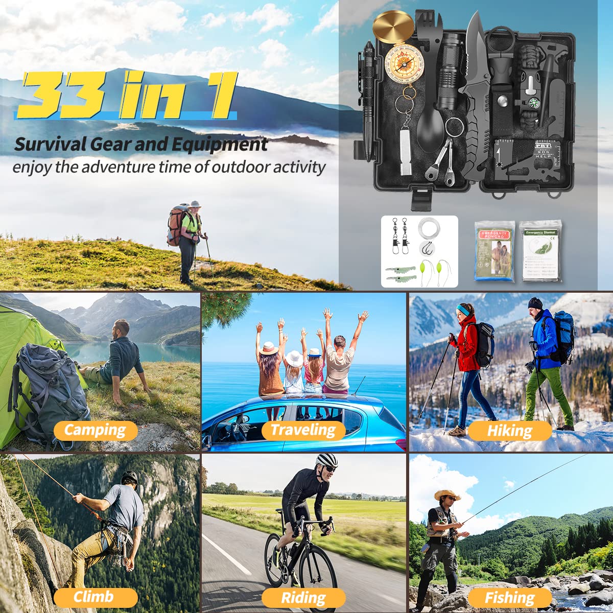 Kit de Supervivencia, Multifuncional Bolsa de Supervivencia de Emergencia, Botiquín Profesional de Primeros Auxilios para Viajar Caminar Acampar al Aire, cumpleaños