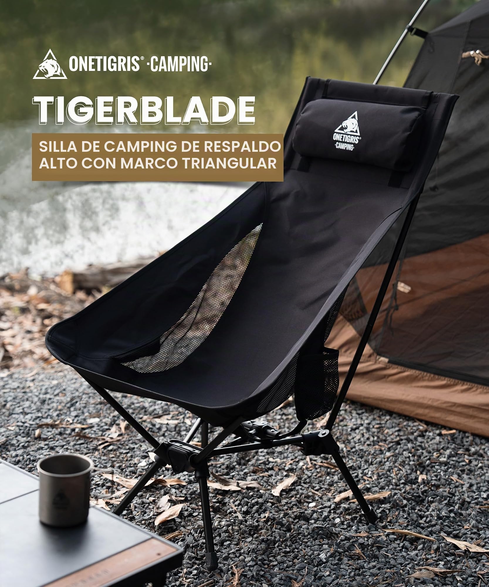 OneTigris TIGERBLADE Silla de camping plegable con respaldo alto, 170 kg, silla plegable para camping, ligera, marco triangular, silla plegable con 2 bolsillos laterales, silla plegable ultraligera