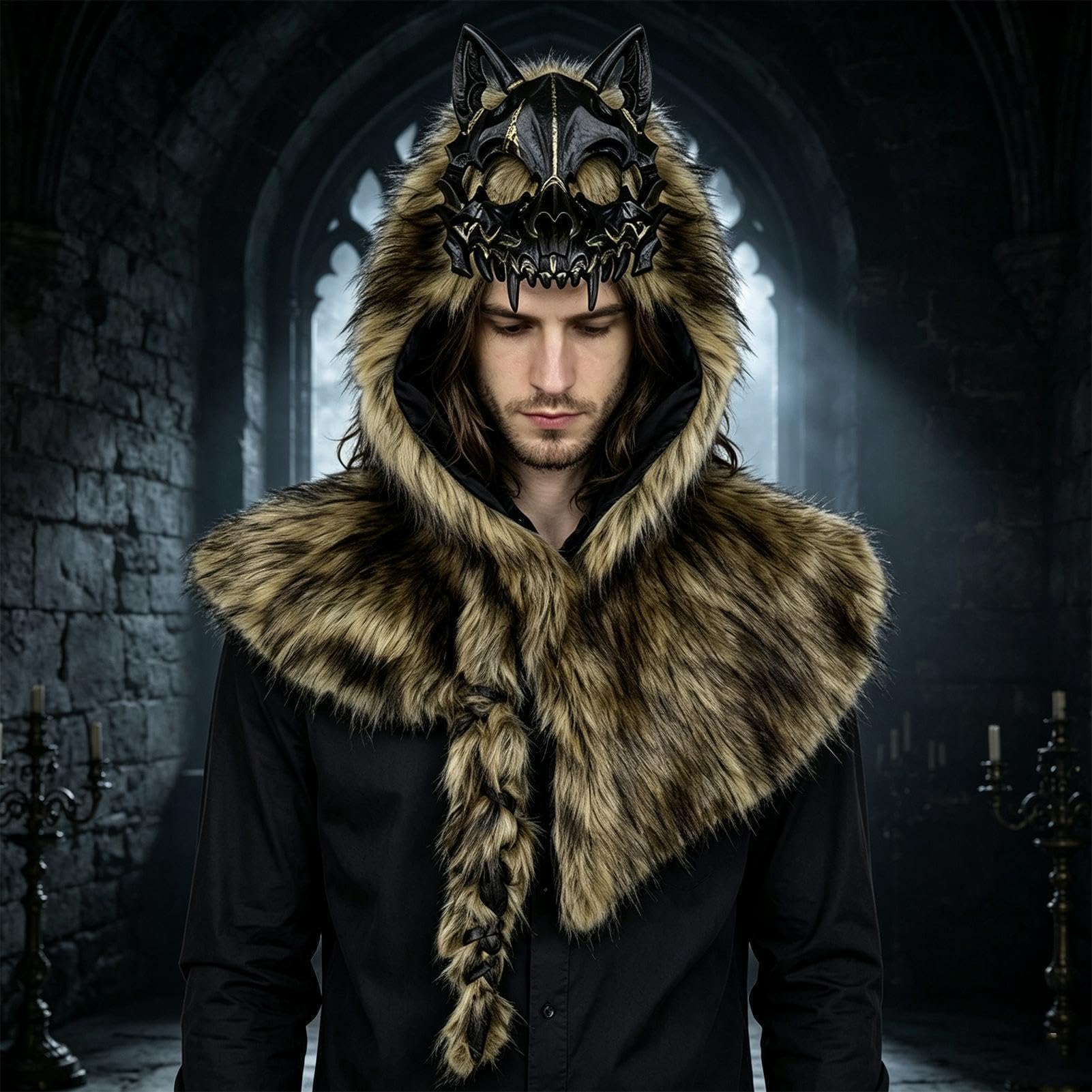 Sciarpa con Teschio di Lupo in Pelliccia Sintetica per Cosplay di Halloween