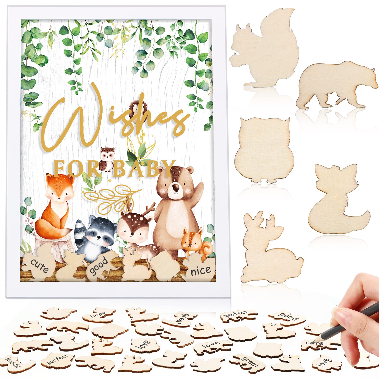 Unittype 71 Pcs Large Size Baby Shower Guest Book Alternative Baby Shower Sign in Guestbook Photo Frame with 70pcs Wood Chips Signature Keepsake for Baby Shower Favor Birthday Party