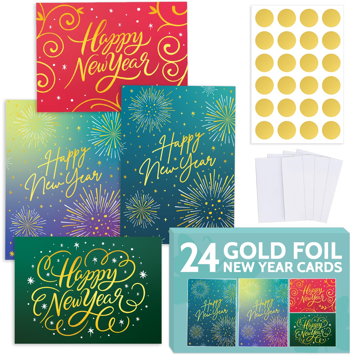 T MARIE 24 Gold Foil New Year Cards 2026 - Boxed Set with Envelopes and Gold Stickers - Assorted Designs with Messages Inside. Holiday Greeting Cards Bulk Pack for Wishing Happy New Year
