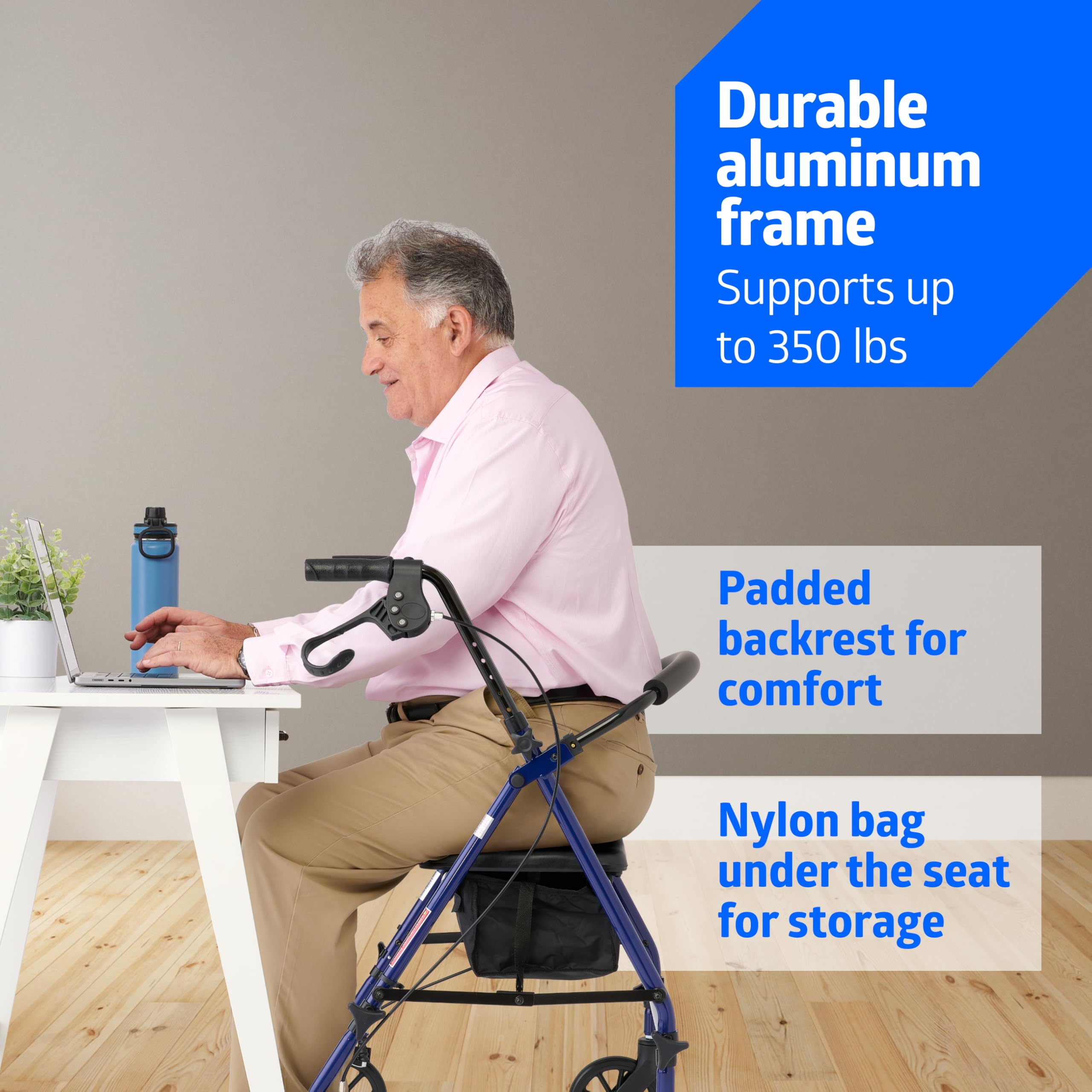 Medline Deambulatore deambulatore con sedile, in acciaio con ruote da 15,2 cm, supporta fino a 158,8 kg, deambulatore medico, blu