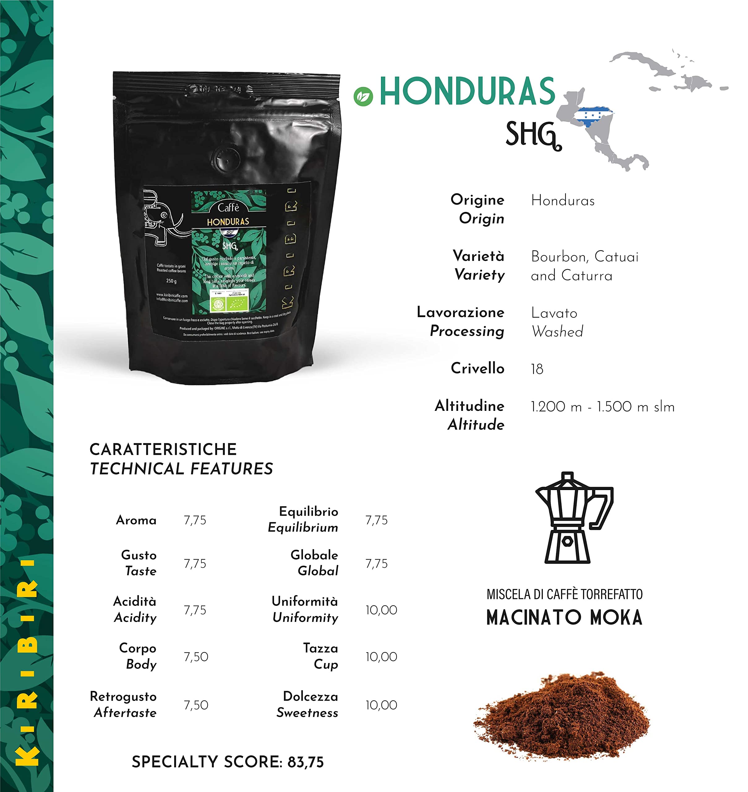 KIRIBIRI Caffè Macinato per Moka Caffè Specialty Monorigine 100% Arabica - Confezione 4 x 250g - Brasile, Guatemala, Honduras Biologico, Kenya