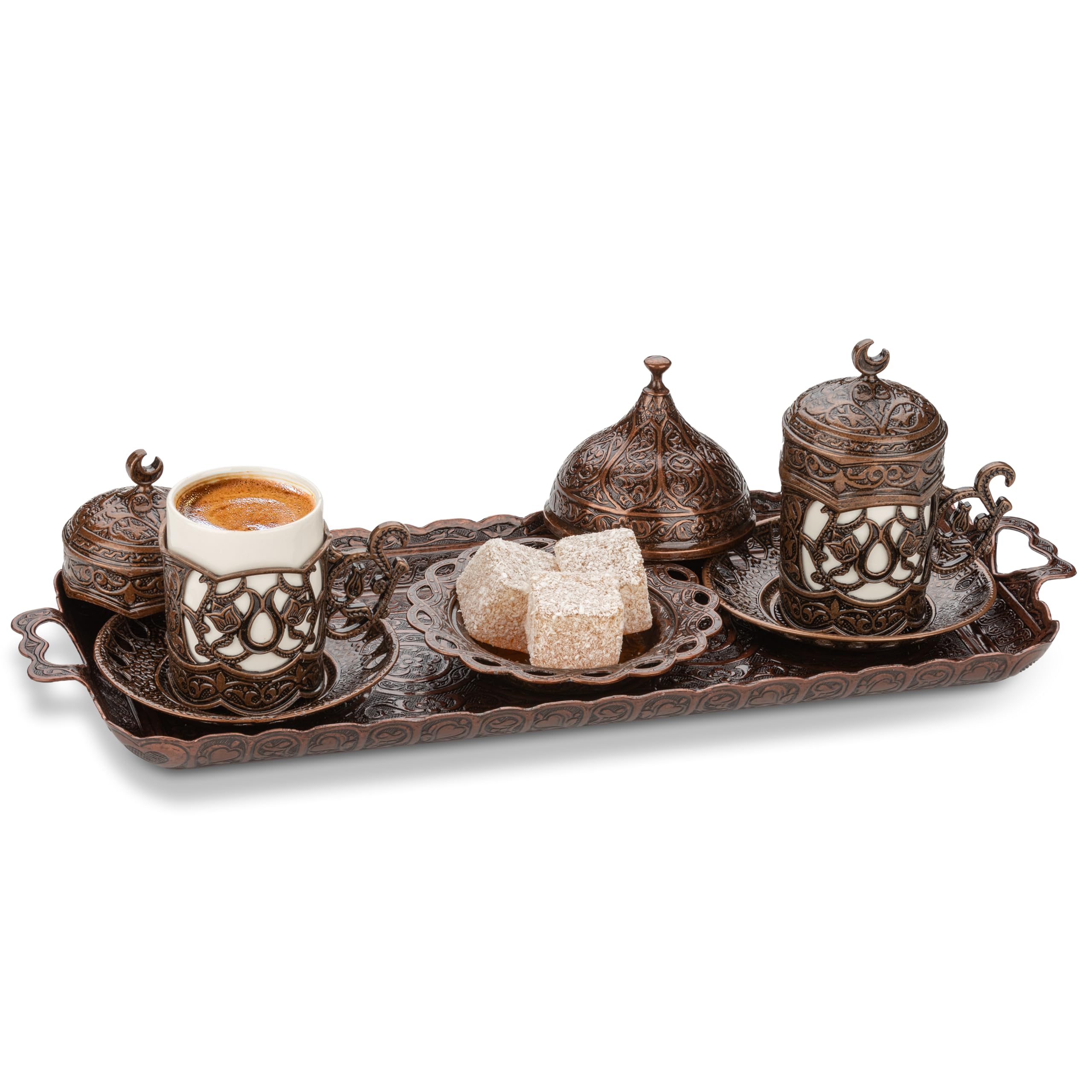 Alisveristime Hilal Türkisches Kaffeeservice mit 2 Tassen und Tablett (Kupfer)