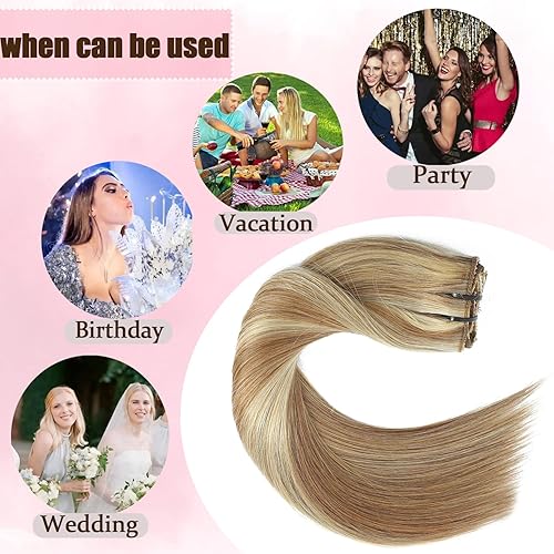 Miniatura 5 de Extensiones de cabello humano real con broches, color castaño castaño mezclado con rubio decolorado, extensiones de cabello humano real natural,