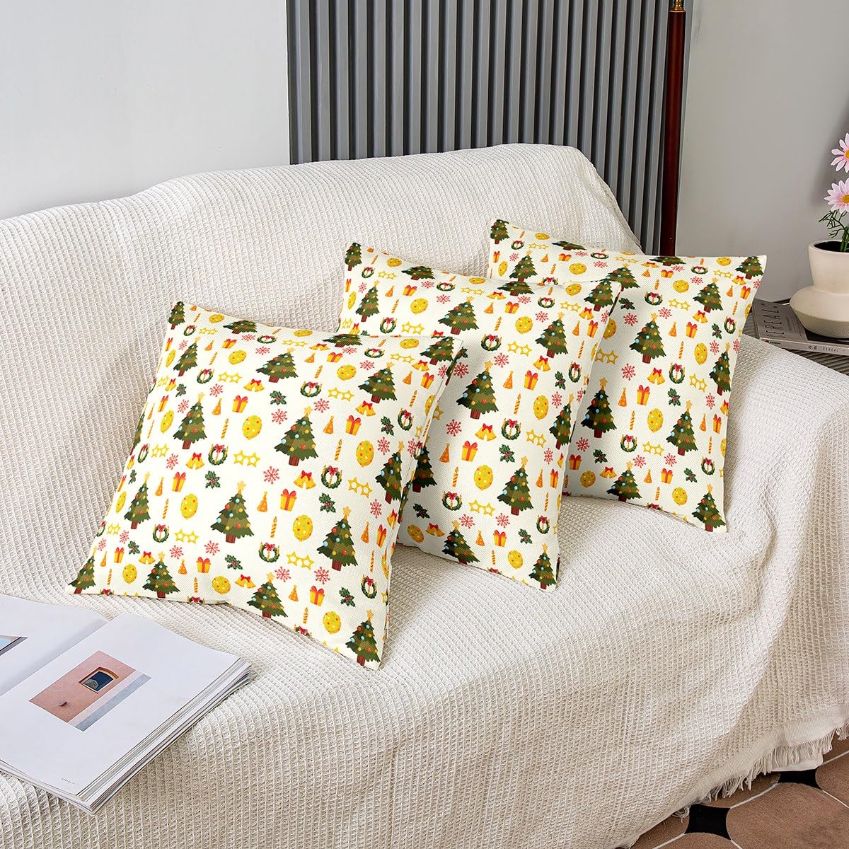 Juego de 4 fundas de almohada con temática navideña de 18 x 18 pulgadas, juego de 4 fundas de cojín de árbol de Navidad, fundas de almohada decorativas con temática de invierno, funda de almohada para
