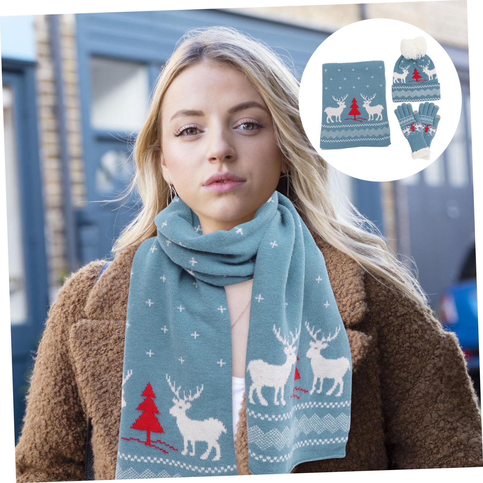Ipetboom Weiches Warmes Weihnachts Strickset Damen Mütze Schal Handschuhe Winddicht Gestrickt Kuschelig für Winter Ski Party Familie Vielseitig Blau