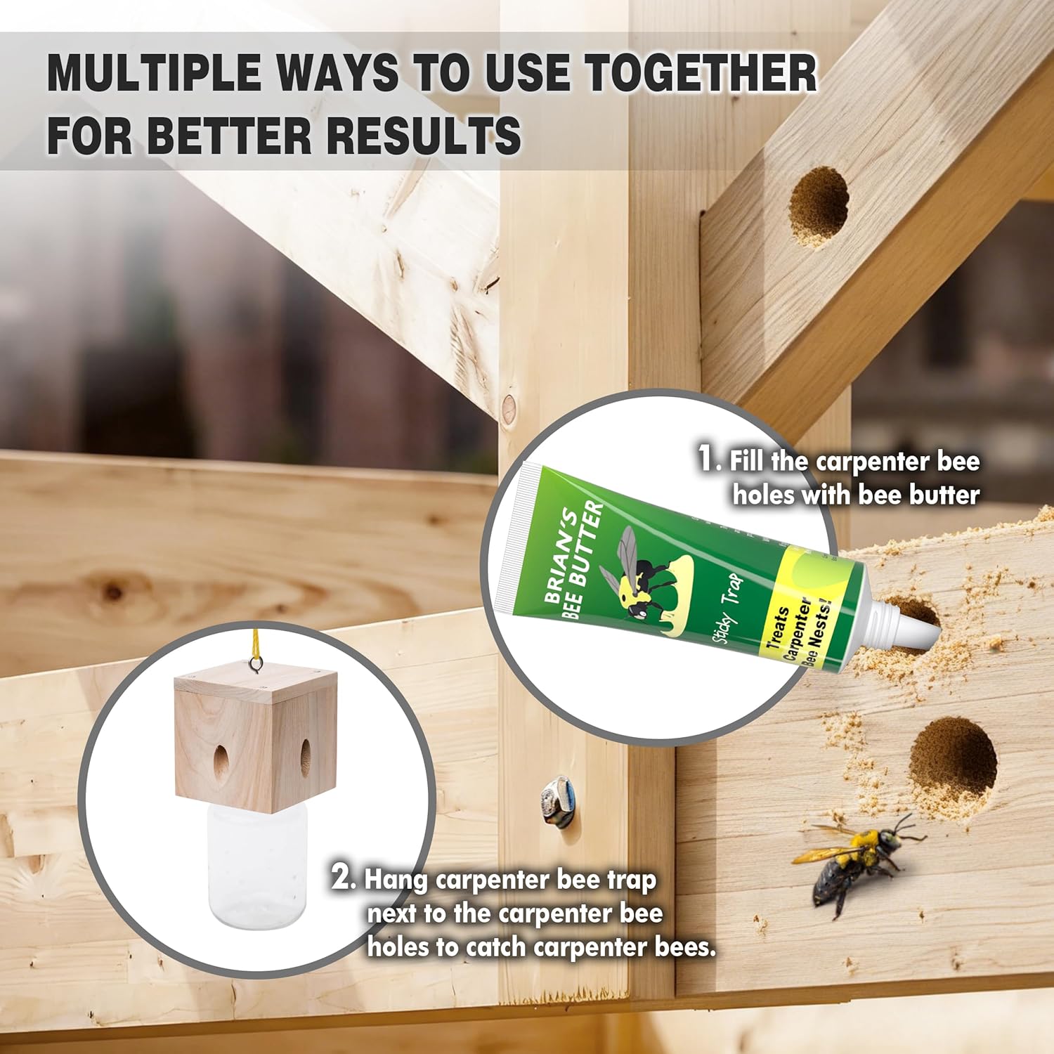 2 PCS Wood Carpenter Bee Trap for Outside - Best Bee Trap - Cube Style Nature Hanging Carpenter Bee Traps Plastic Jar Outdoor - Insect Traps