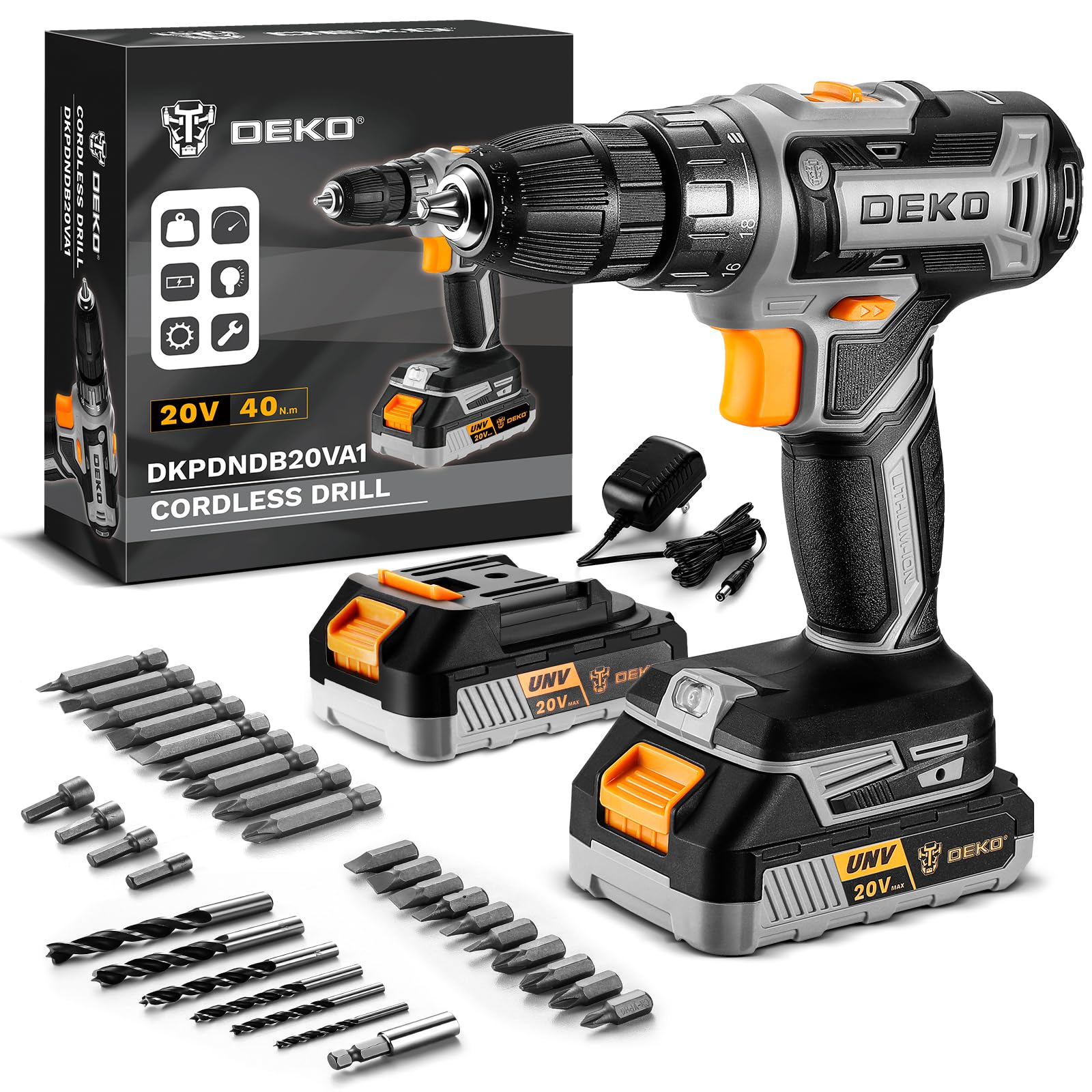 Power Drill Cordless: DEKOPRO 20V Electric Drills with 3/8-Inch Keyless Chuck, Variable Speed, Power Cordless Drill Set Tool with 2 Batteries, Charger&30 Accessories(Gray)