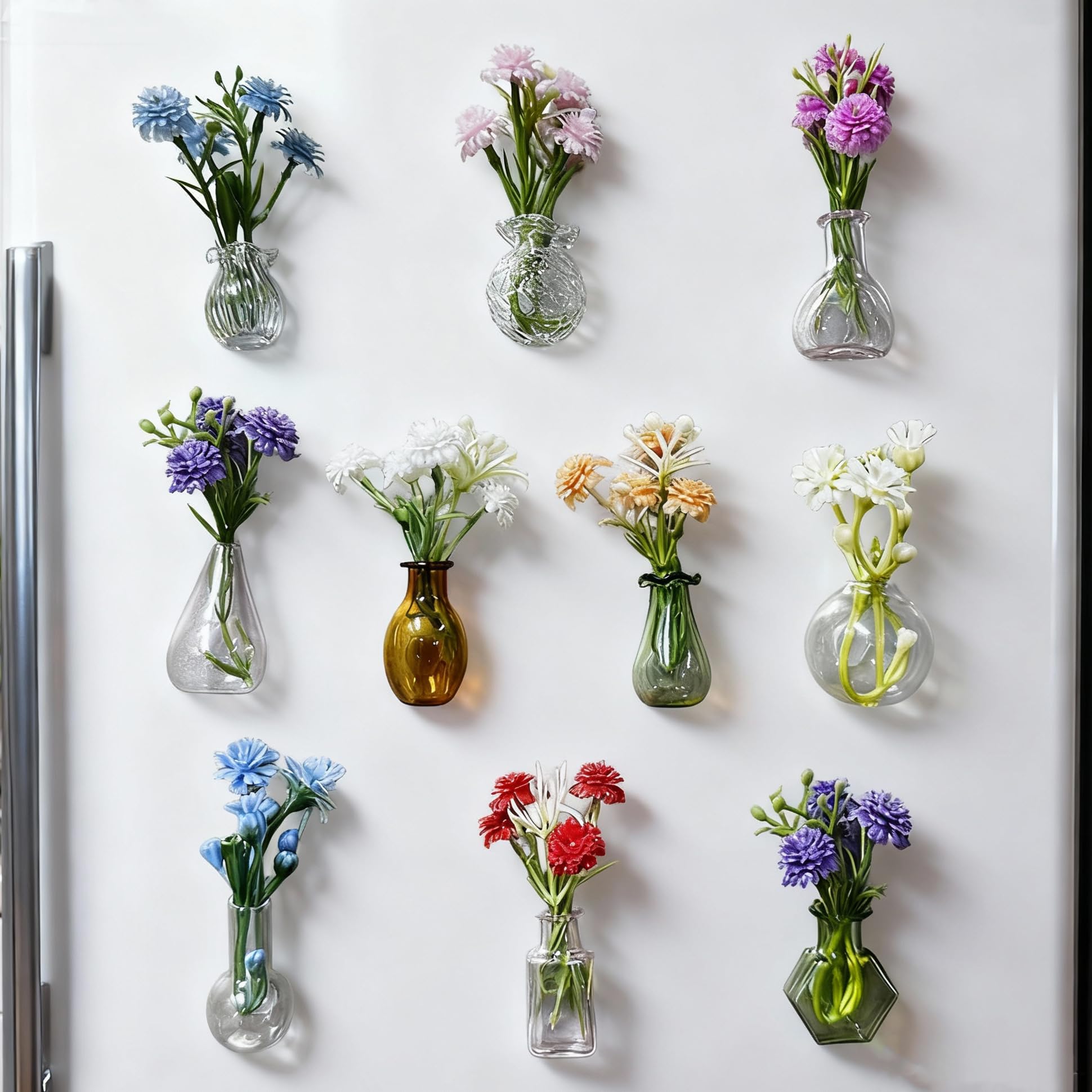 Photo 1 of 10-Pack Mini Vase Magnets for Fridge with 10 Flowers, Cute Fridge Magnets, Mini Glass Vases with Magnet for Real Flowers, Cute Office Decor for Refrigerator, Locker, Kitchen, Gift Idea