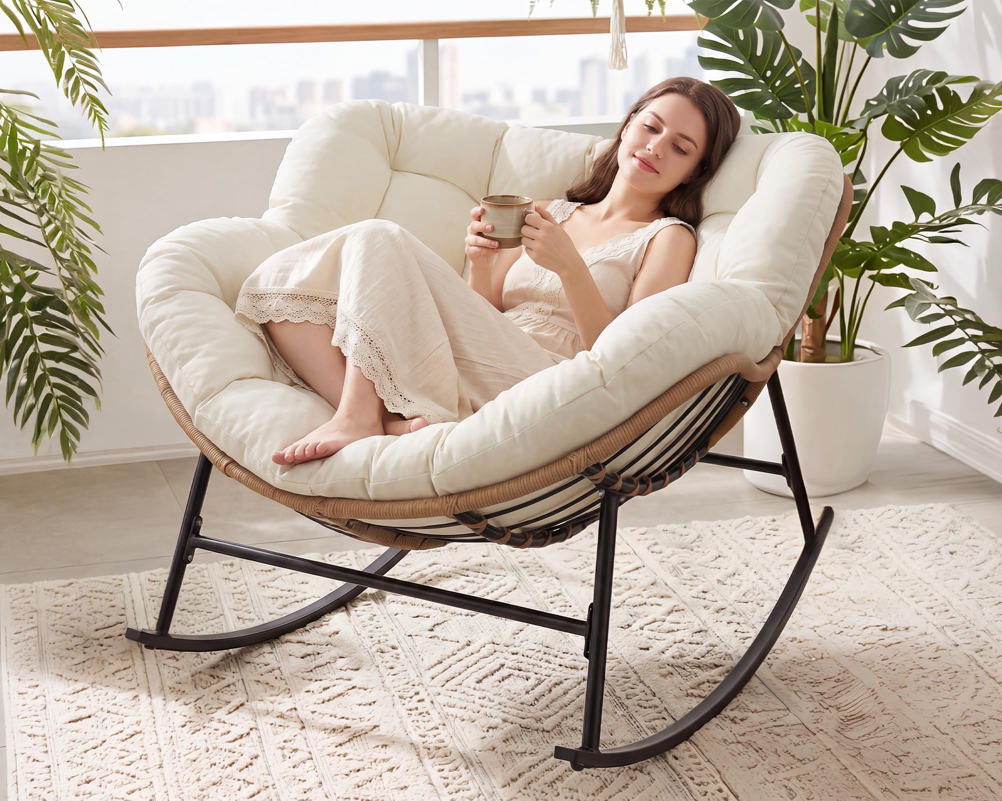 FINCATI Outdoor Indoor Papasan Rocking Chair