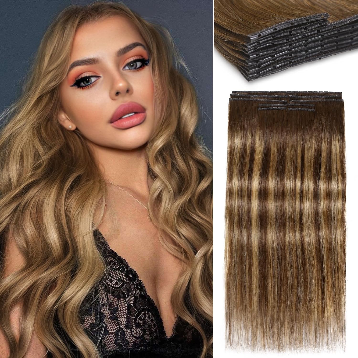 LADY MIRANDA Double Layered PU Invisible Human Hair Extensions 100G 18 Inch Brown Highlights Honey Blonde Weft Hair Extensions Real Human Hair 8PCS Tape in Weft with Micro Beads(T4/27, 18 Inch)