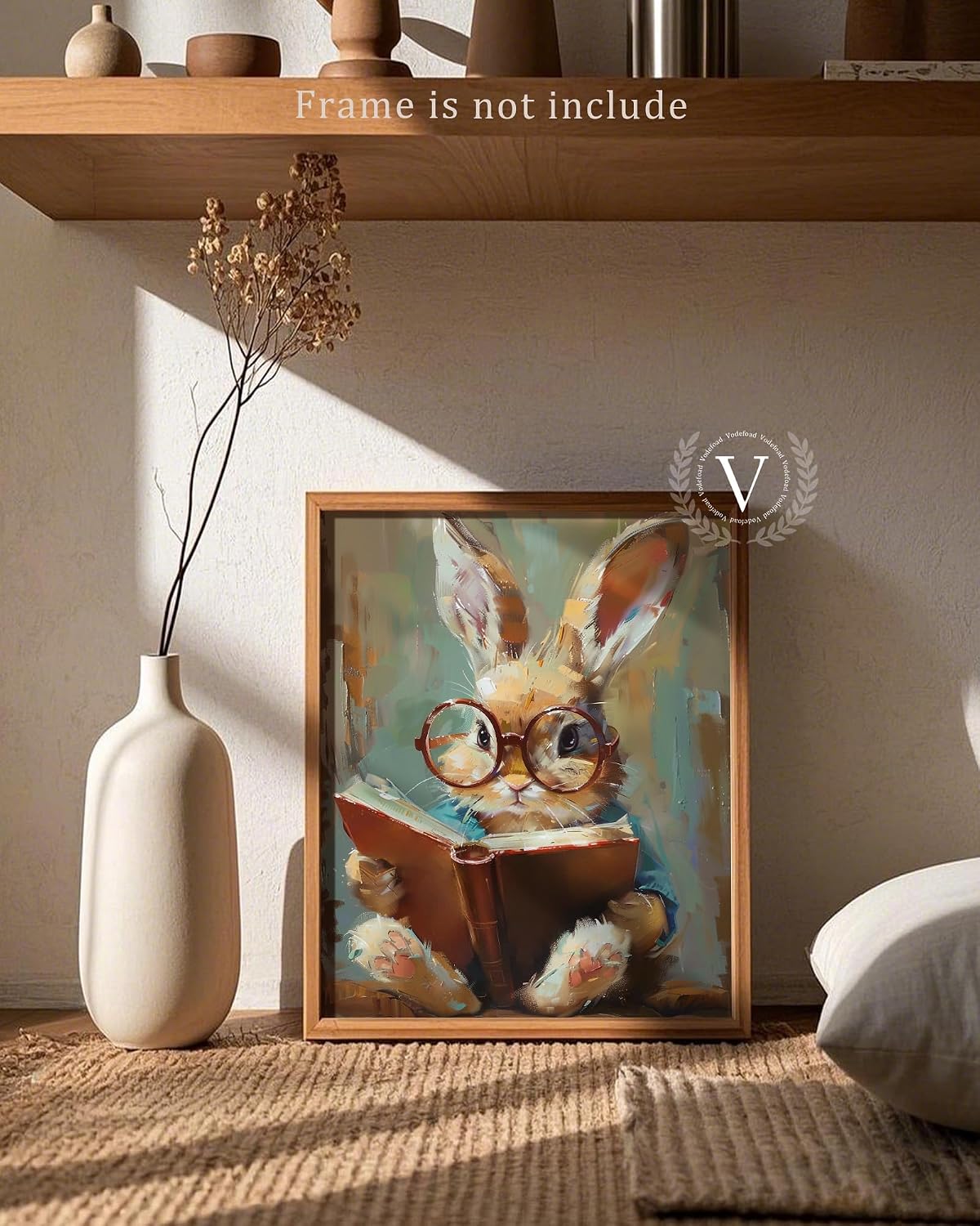 Vodefoad Cute Easter Bunny Reading Book Print Art Vintage Tiny Rabbit Big Glasses Wall Art Pring Nursery Painting Cute Animal Wall Decor Light Academia Decor Whimsical Rabbit Decor - 8x10Inch Unframe