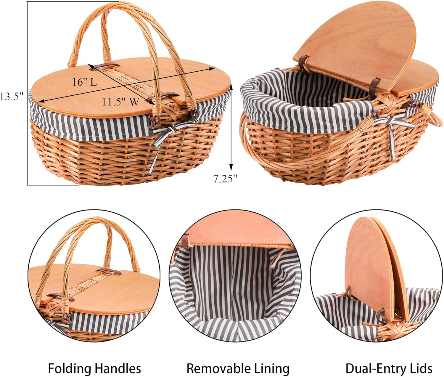Yesland Picnic Basket with Liner - Wicker Picnic Baskets with Wooden Split Lid - Vintage Style Large Woven Basket with Double Folding Handles for Camping, Valentine Day, Thanks Giving, Egg Gathering : Patio, Lawn & Garden