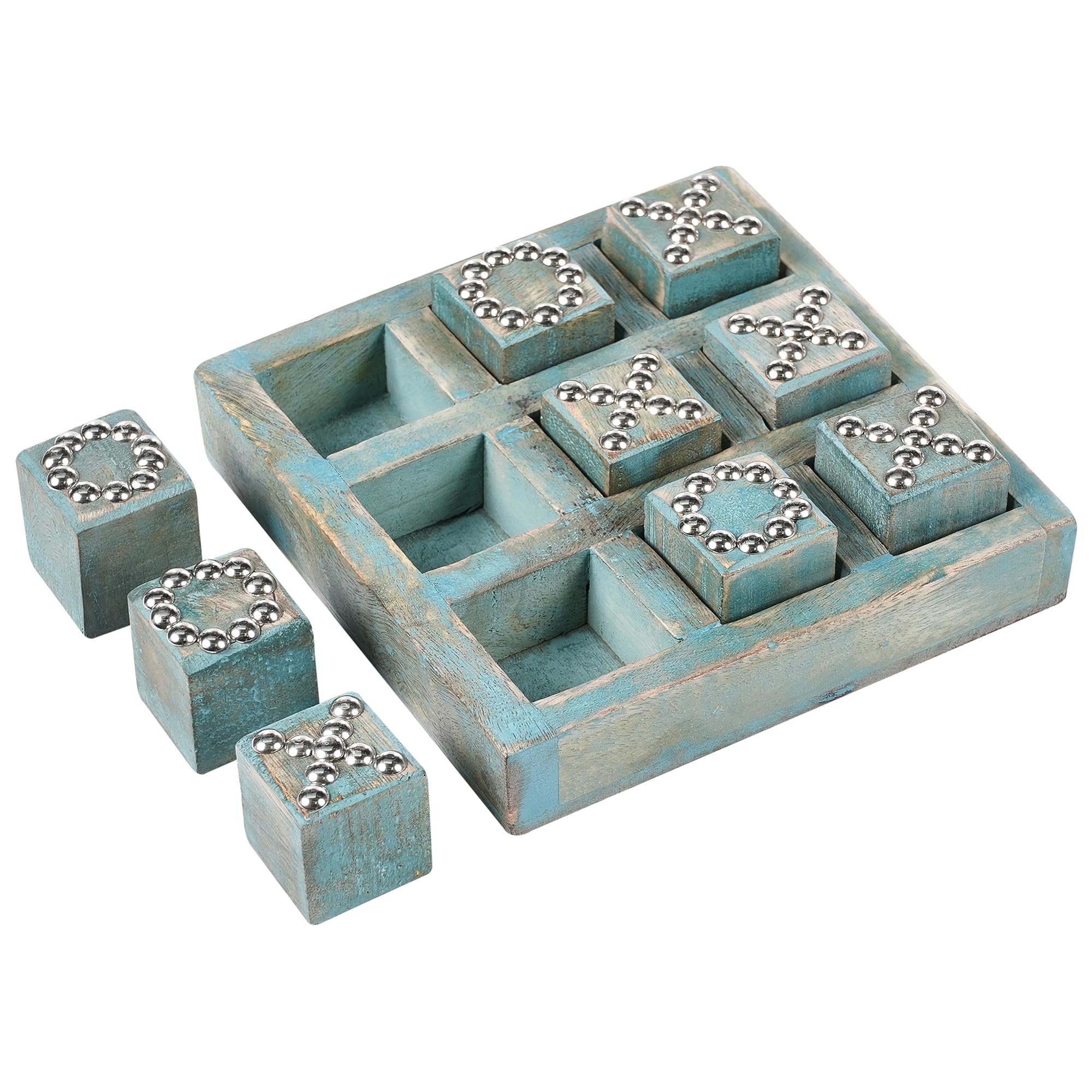 Beliani Jeu de Morpion en Bois de Manguier Accessoire Décoratif Bleu Kina