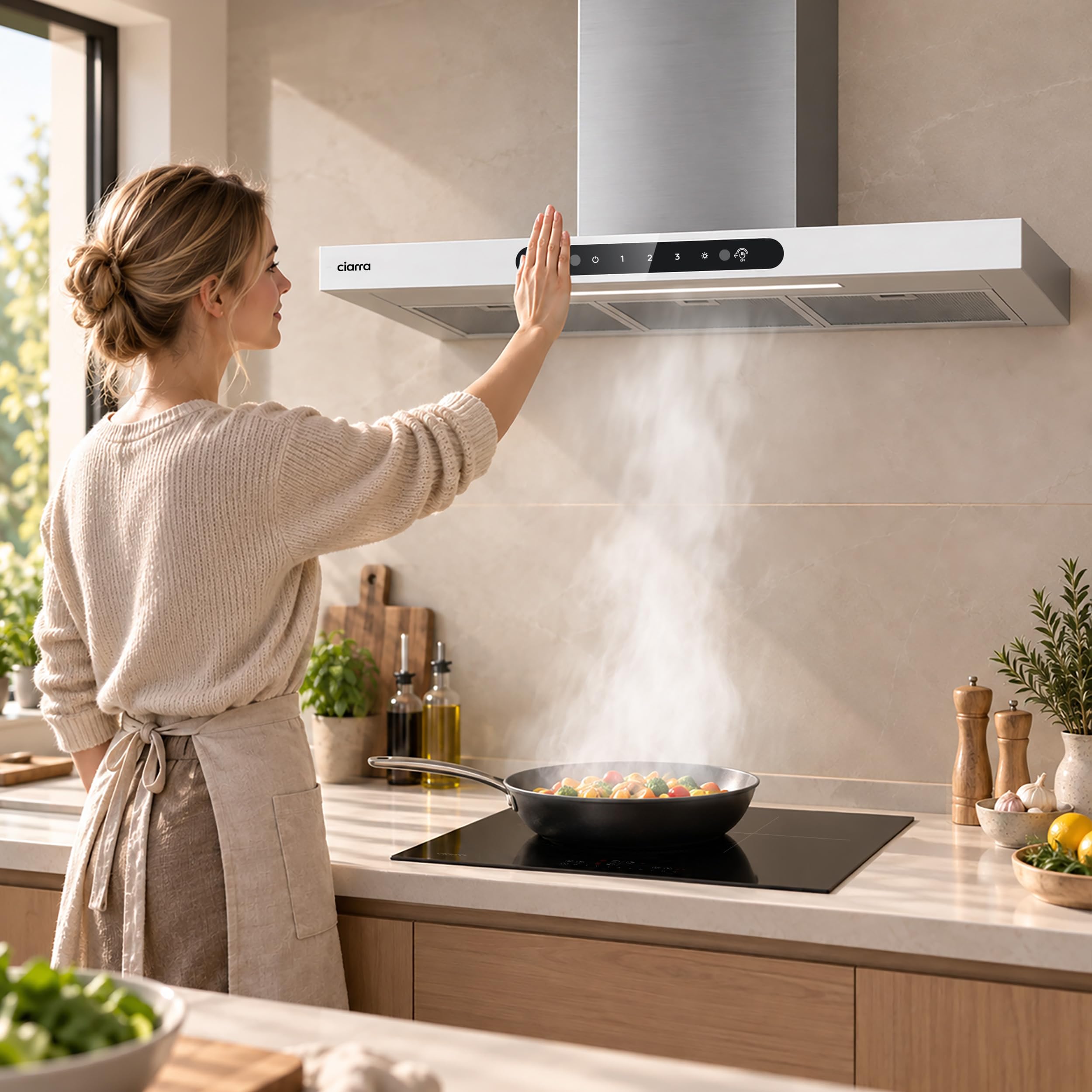 Ciarra AW9102-W Dynamic A+++ Campana extractora 90 cm Recirculación 693 m³/h 61 dB Control de gestos Campana de pared Acero inoxidable Vidrio Blanco