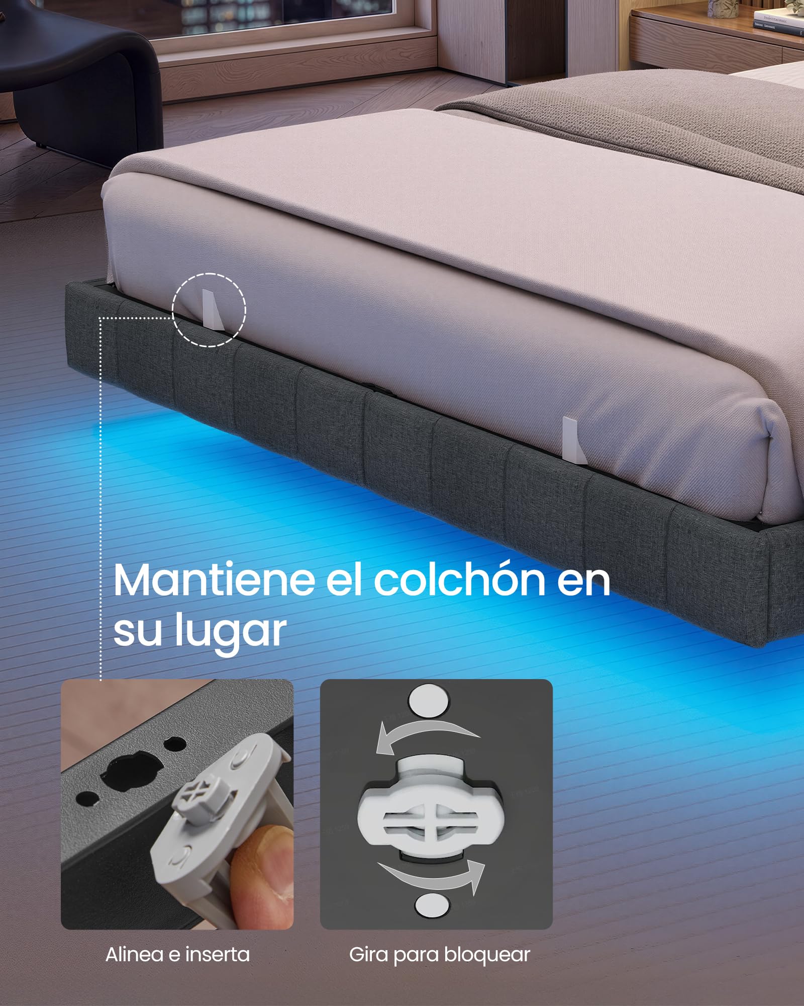 VASAGLE Marco de Cama Flotante, 140 x 200 cm, Bordes Acolchados, LED, 2 Tomas de Corriente, 1 Puerto USB-A, 1 Puerto USB-C, 1 Puerto USB-A Posterior, Carga de 500 kg, Gris Pizarra RMB164G101