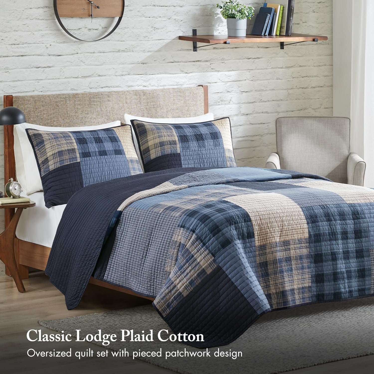 Woolrich Quilt Set Patchwork Channel Quilting, Cottage Coverlet for Twin Size Bed All Seasons, Lightweight Prewashed Cotton Coverlet Bedspread, Shams, Winter Hills, Oversized Full/Queen Blue 3 Piece