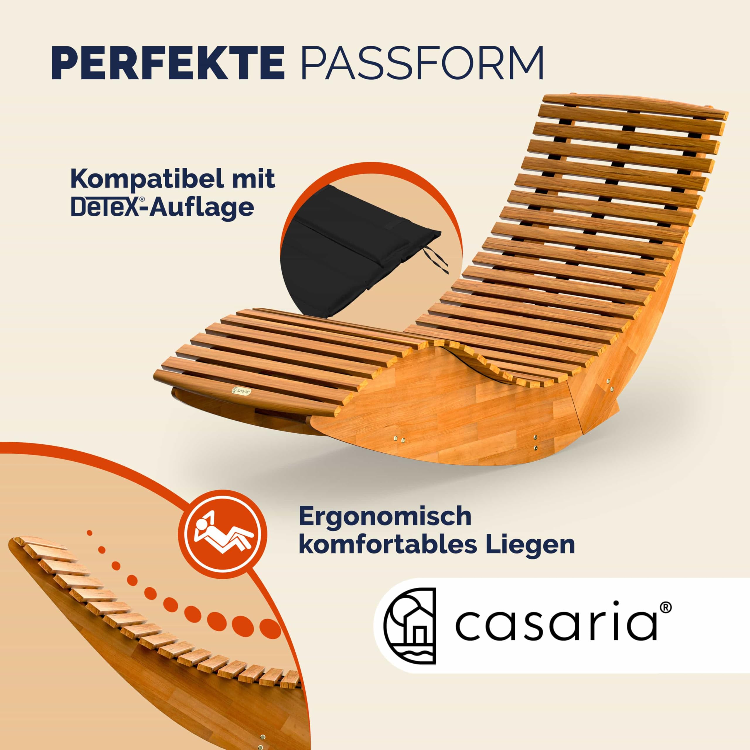 CASARIA® Tumbona Mecedora Plegable Madera Acacia FSC® Certificada Ergonómica 160kg Resistente Intemperie Jardín Terraza Balcón 154x60cm Cojín Crema