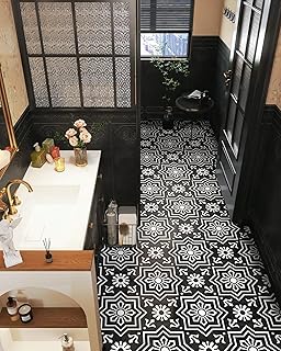 MORCART 20Pcs Peel and Stick Floor Tile, 7.87"x 7.87" Vinyl Flooring, Removable DIY Self Adhesive Flooring for Bathroom Kitchen Fireplace Stairs Bedrooms Wall Pantry Room Waterproof Black