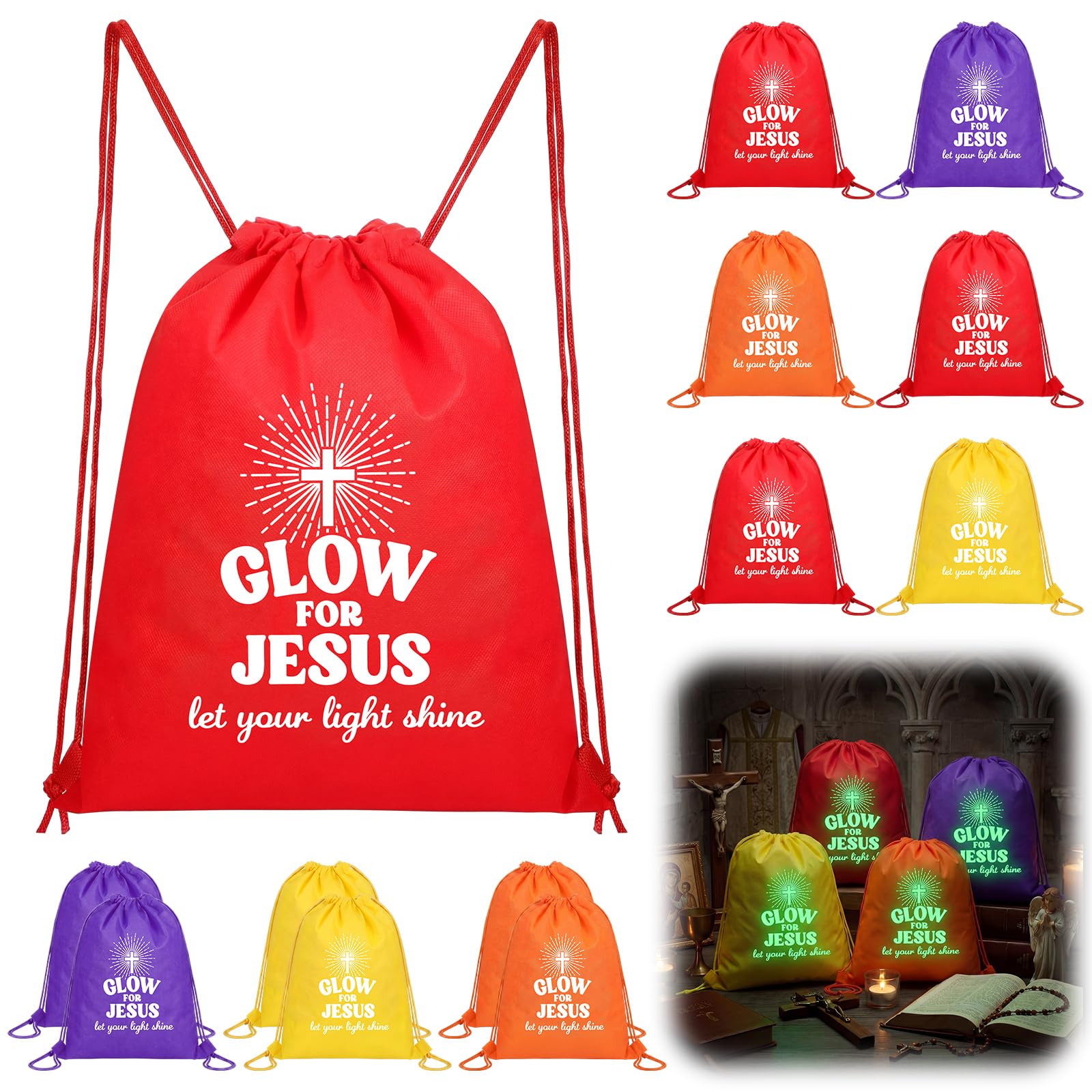 12 Pcs Glow for Jesus Drawstring Backpacks Bulk 12 x 15 Inch