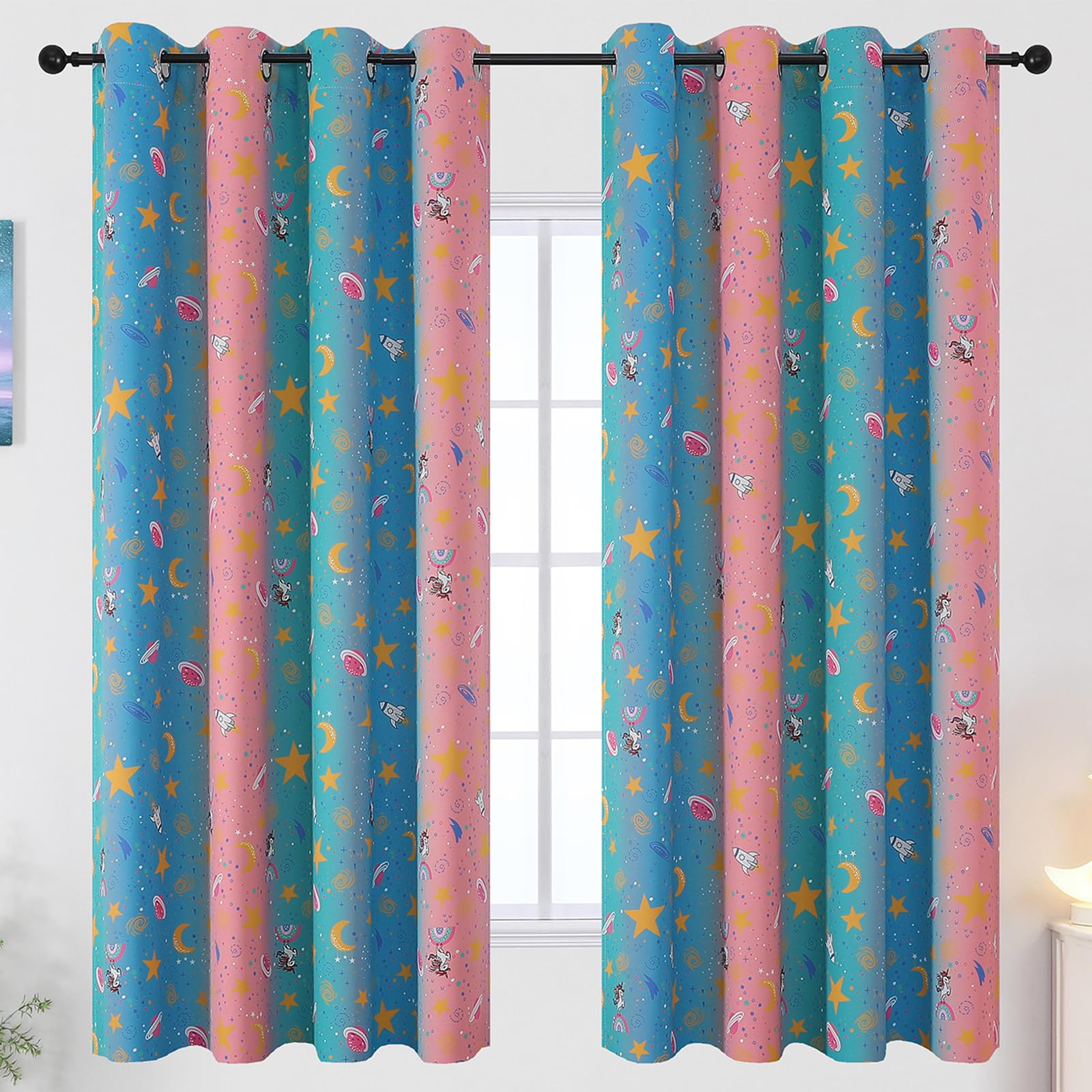 Pink Teal and Blue Unicorn Room Darkening Curtains for Kids Bedroom,52Wx63L