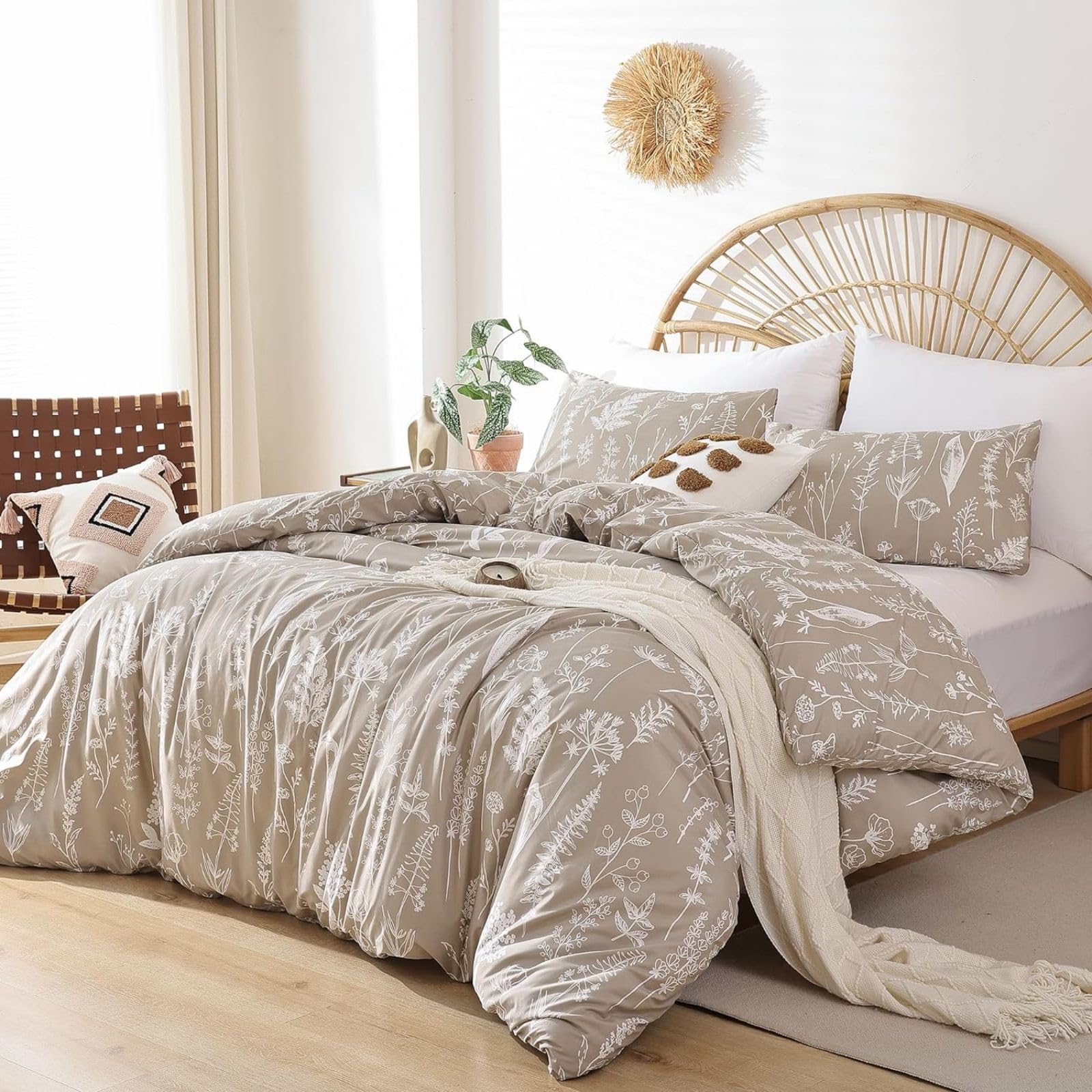 Housse de couette Freyamy floral blanc kaki parure de lit 2 personnesadultesets de housse couette en microfibre avec fer