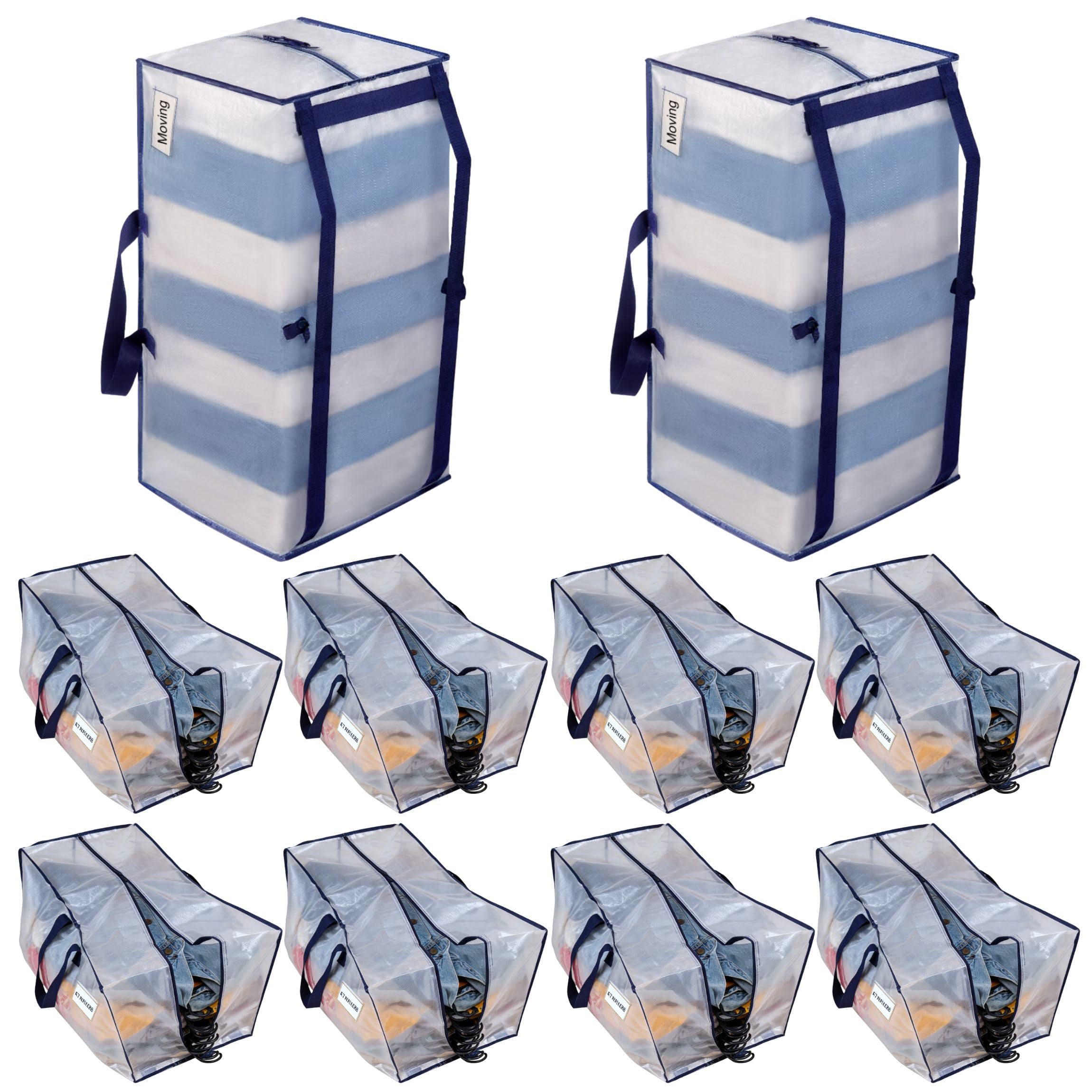 VENO 10 Pack Heavy-Duty Extra Large Moving Bags W/Backpack Straps, Moving House Essentials, Strong Handles & Zips, Clothes Storage, Packing, Laundry Bags, Reusable and Sustainable (Clear, 10 Pack)