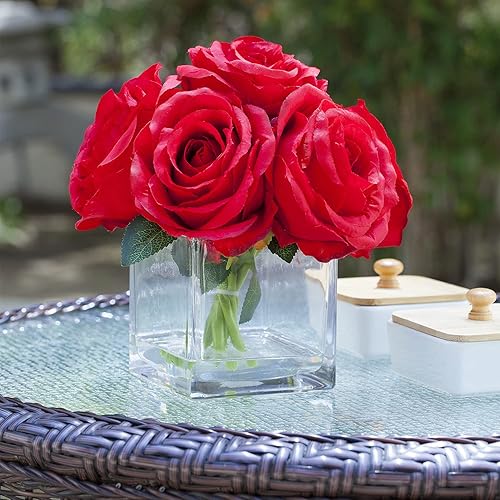 Miniatura 2 de Enova Floral - 7 rosas artificiales de seda con tallos grandes, arreglo de flores falsas en jarrón de cristal con agua sintética para decoración del